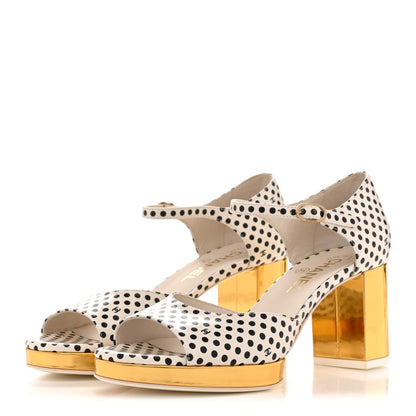 Chanel Printed Calfskin Polka Dot CC Platform Sandals 37 Ivory Black 4 of 9