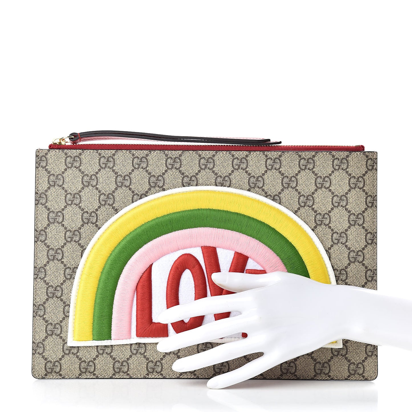 Calfskin GG Supreme Monogram Embroidered Rainbow Love Zip Pouch Red
