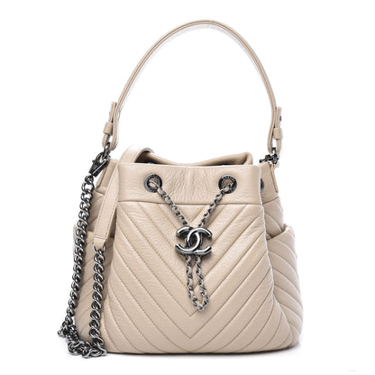 Chanel Deerskin Chevron Small CC Chain Bucket Bag Beige 1 of 11