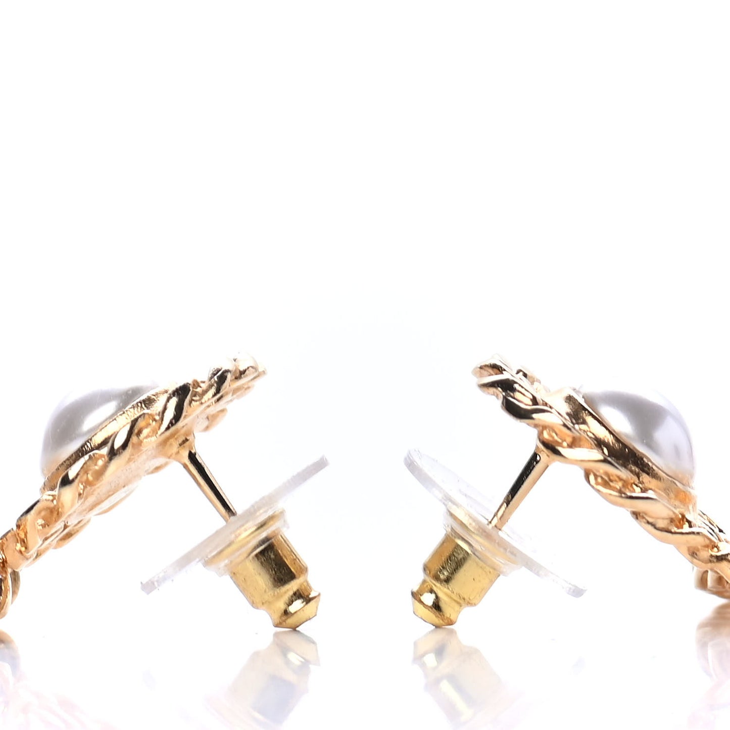 Metal Pearl CC Chain Drop Earrings Gold