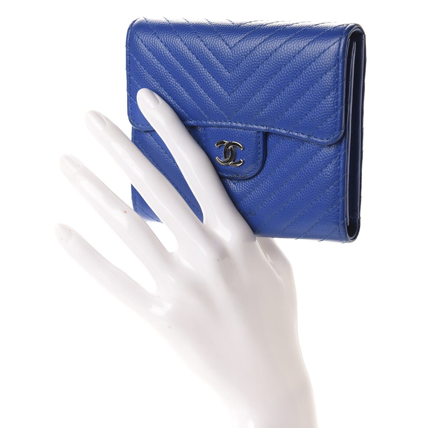 Caviar Chevron Quilted Compact Flap Wallet Bright Blue