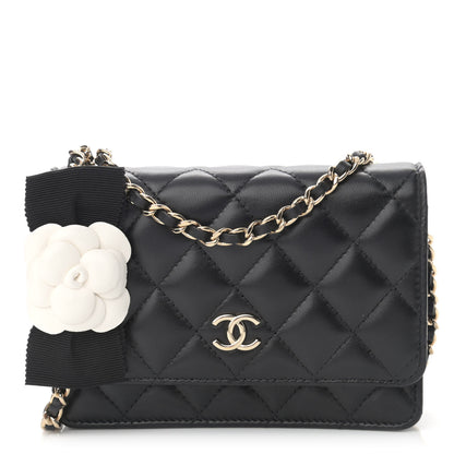 Chanel Lambskin Quilted Mini Camellia Bow Wallet On Chain WOC Black 1 of 11