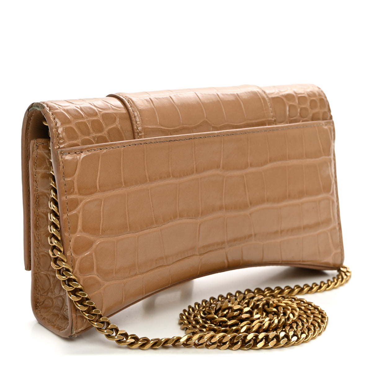 Shiny Calfskin Crocodile Embossed Hourglass Chain Bag Nude Beige