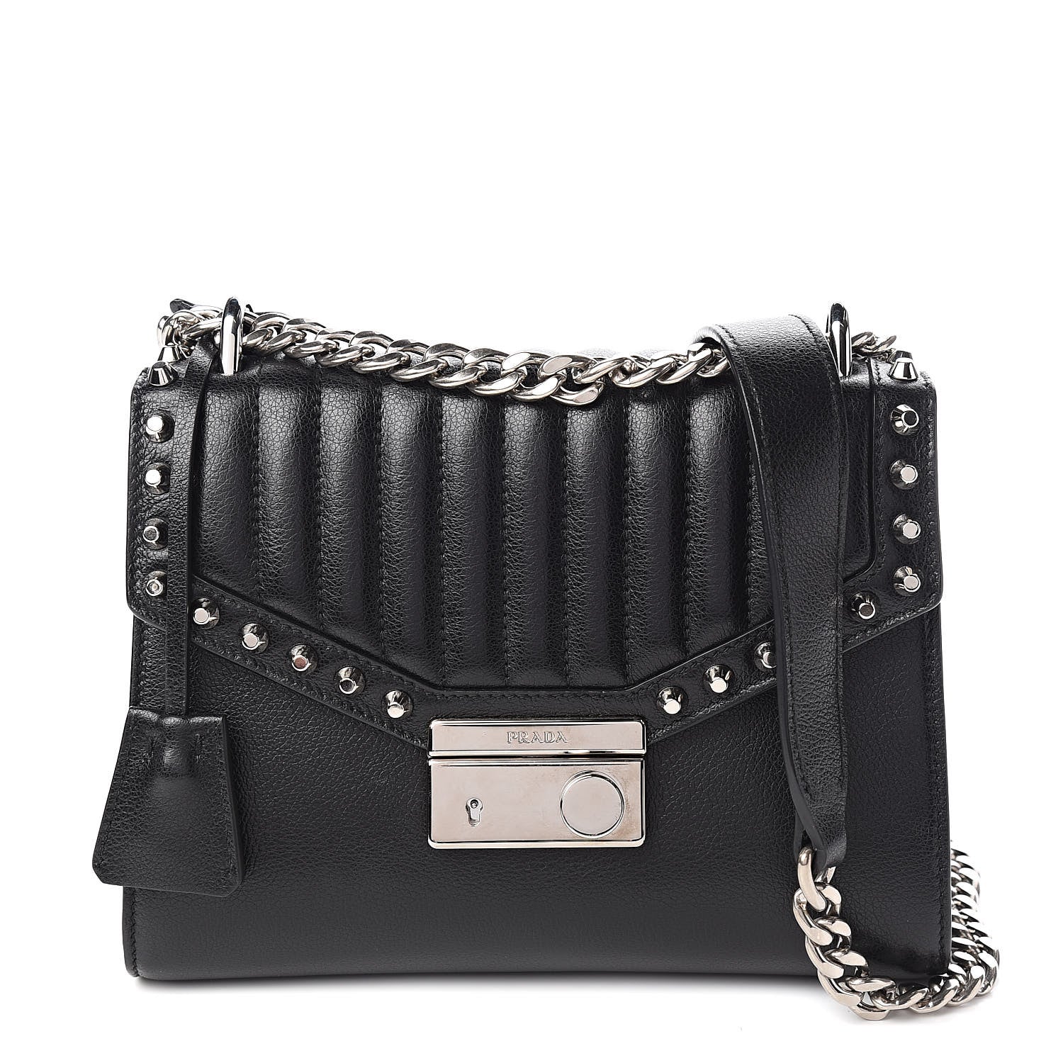 Prada Glace Calfskin Studded Sound Flap Crossbody Shoulder Bag Black 1 of 9