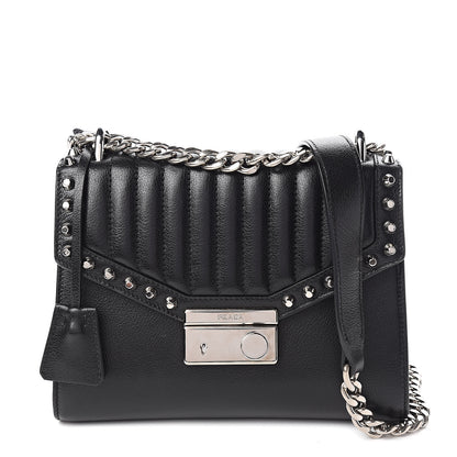 Prada Glace Calfskin Studded Sound Flap Crossbody Shoulder Bag Black 1 of 9