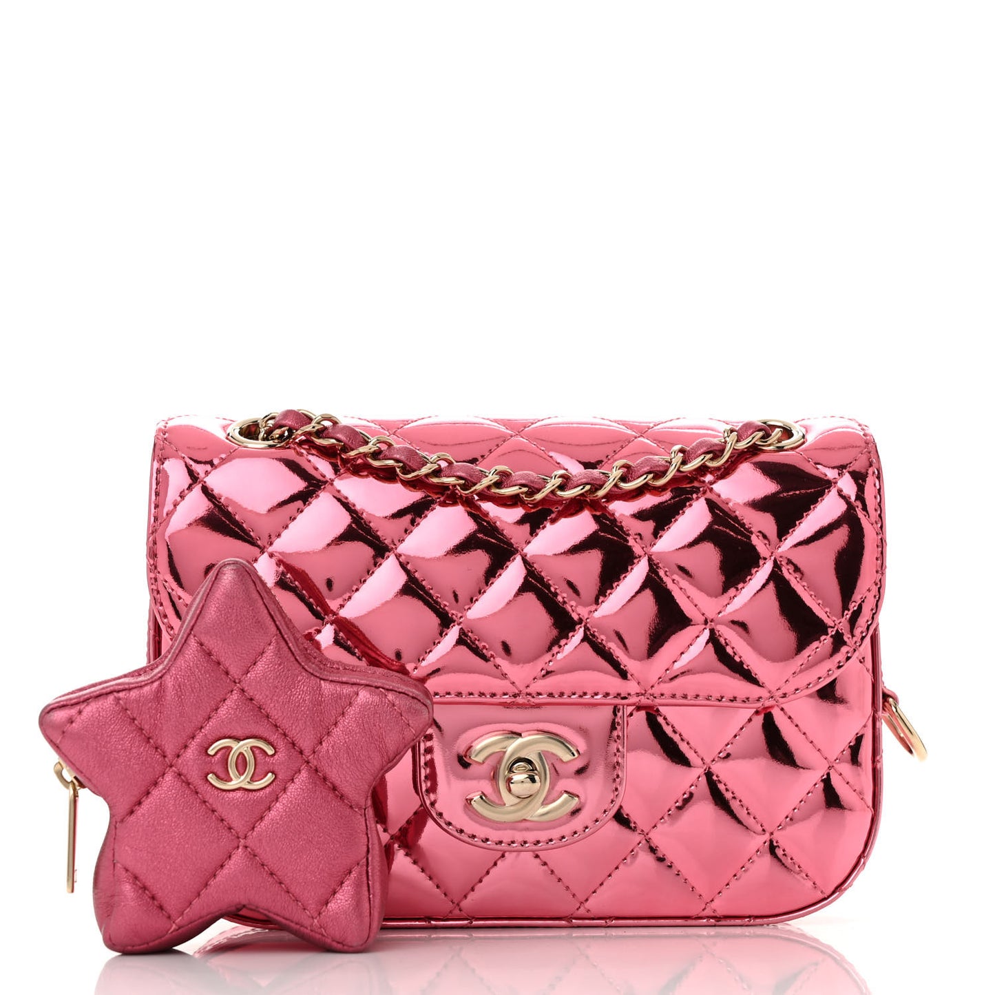 Mirror Calfskin Metallic Lambskin Quilted Hollywood Boulevard Mini Flap With Star Coin Purse Pink