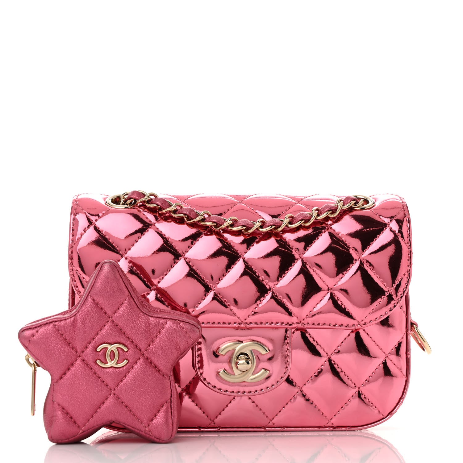 Chanel Mirror Calfskin Metallic Lambskin Quilted Hollywood Boulevard Mini Flap With Star Coin Purse Pink 3 of 13