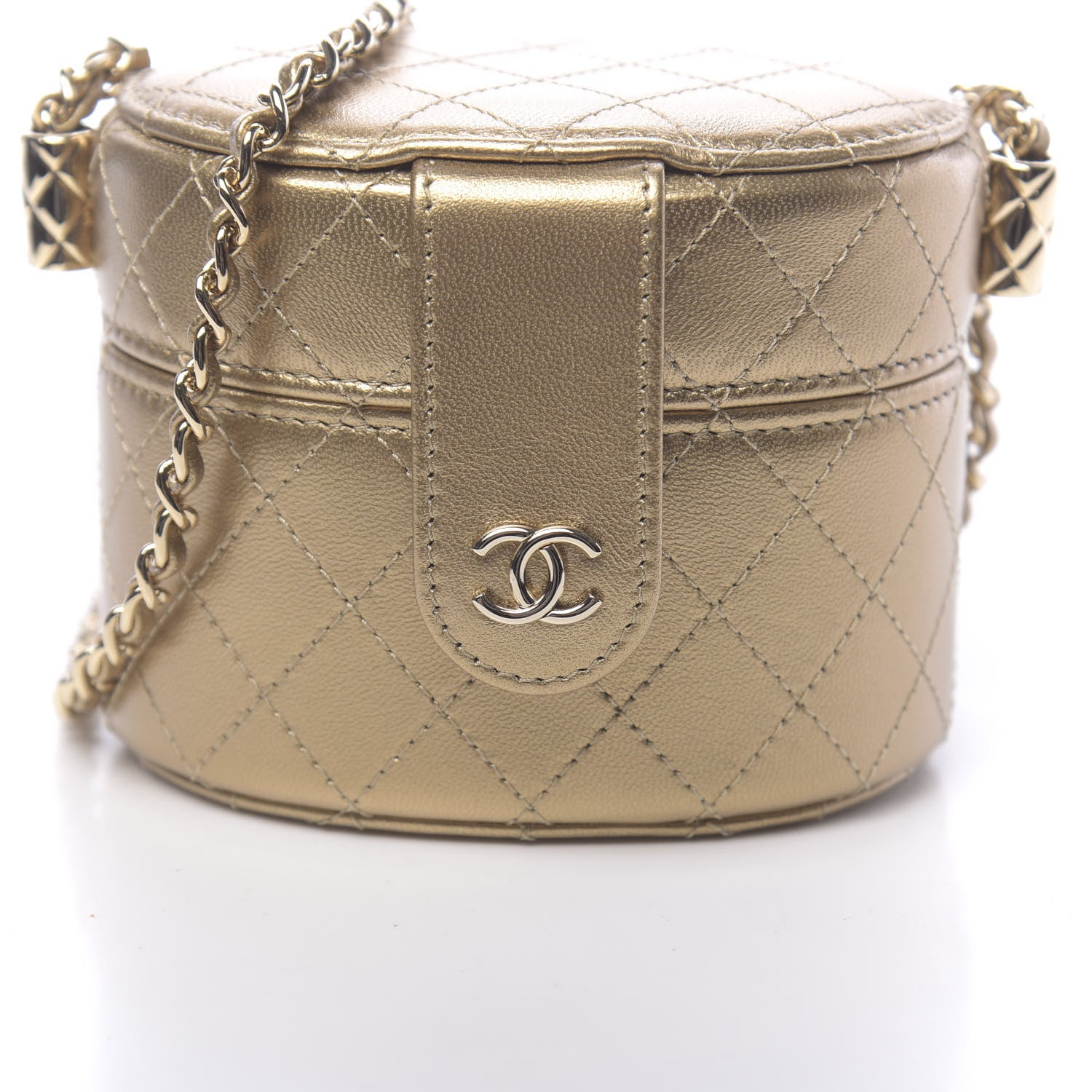 Chanel Metallic Lambskin Quilted Round Mini Vanity Case With Chain Gold 11 of 12