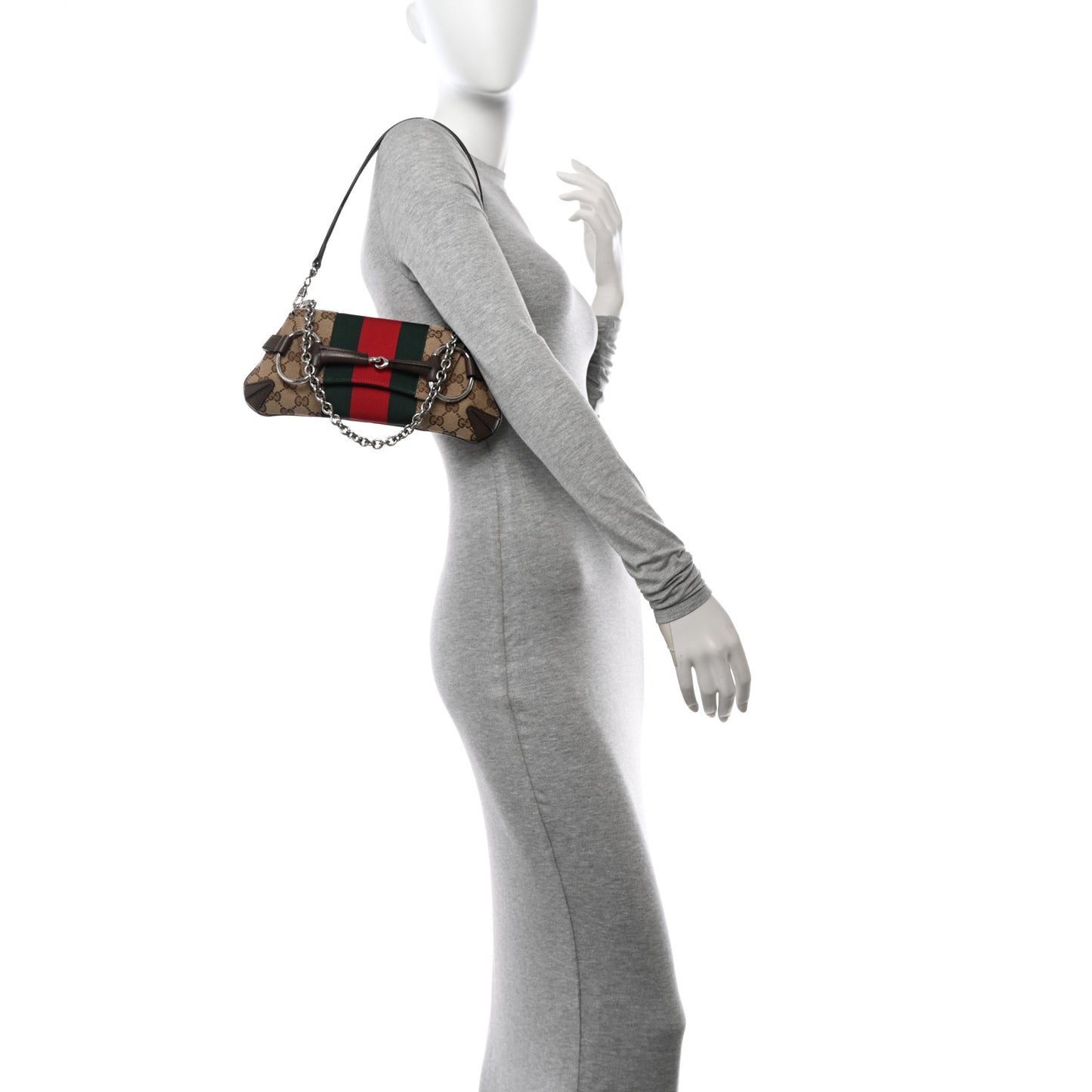 Monogram Textured Dollar Calfskin Heavy Grosgrain Web Small Maxi Horsebit Chain Shoulder Bag Beige Ebony New Acero