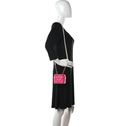 Chanel Lambskin Quilted Mini Vanity Case With Pearl Chain Pink 2 of 11