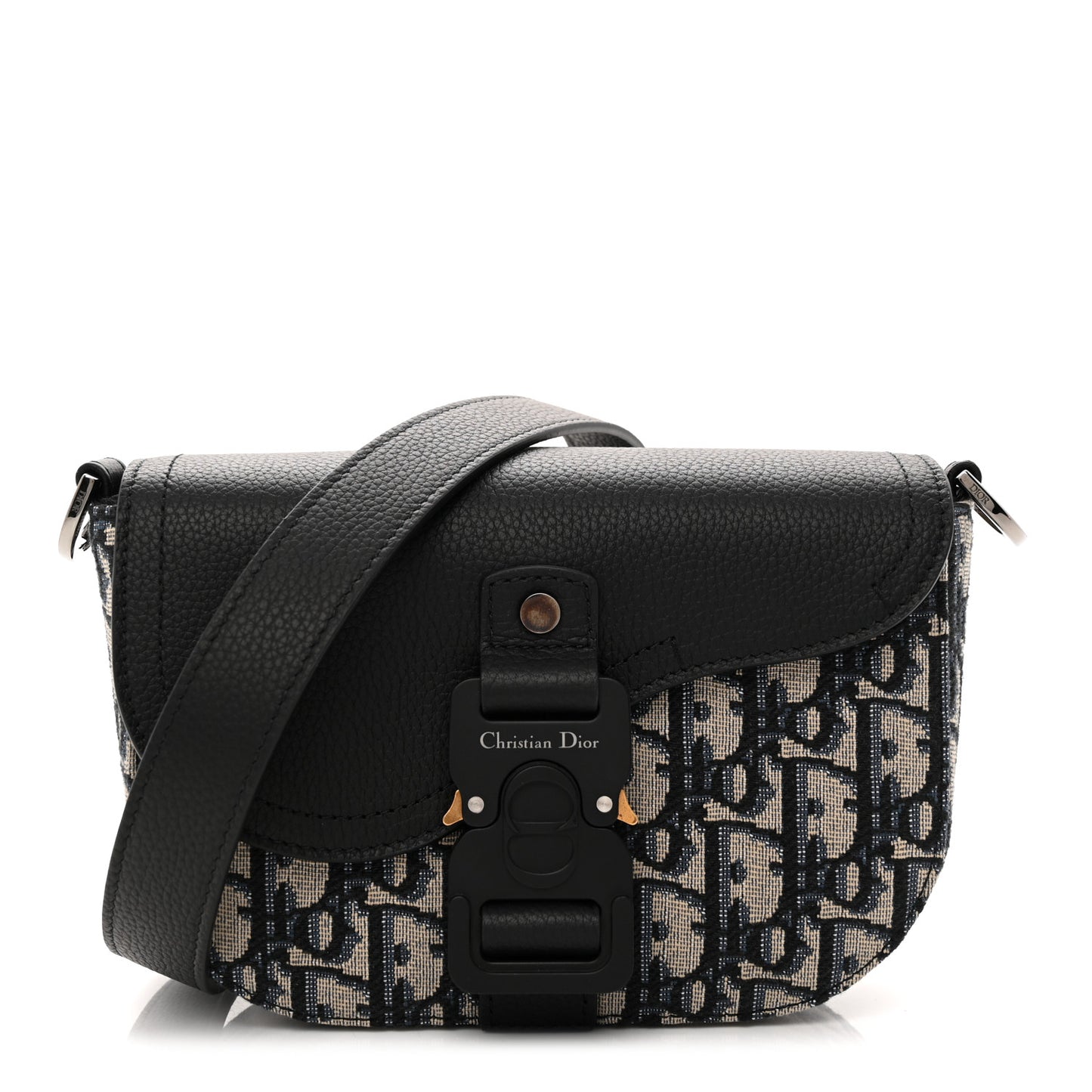 Grained Calfskin Oblique Mini Saddle Messenger Bag With Flap Beige Black