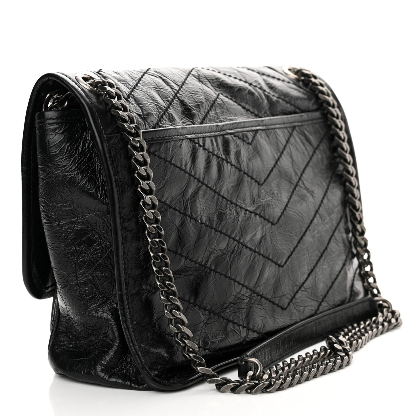Crinkled Calfskin Matelasse Monogram Medium Niki Chain Satchel Black