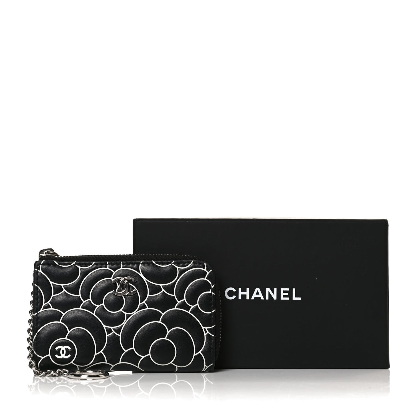 Lambskin Camellia Embossed Key Holder Case Black White