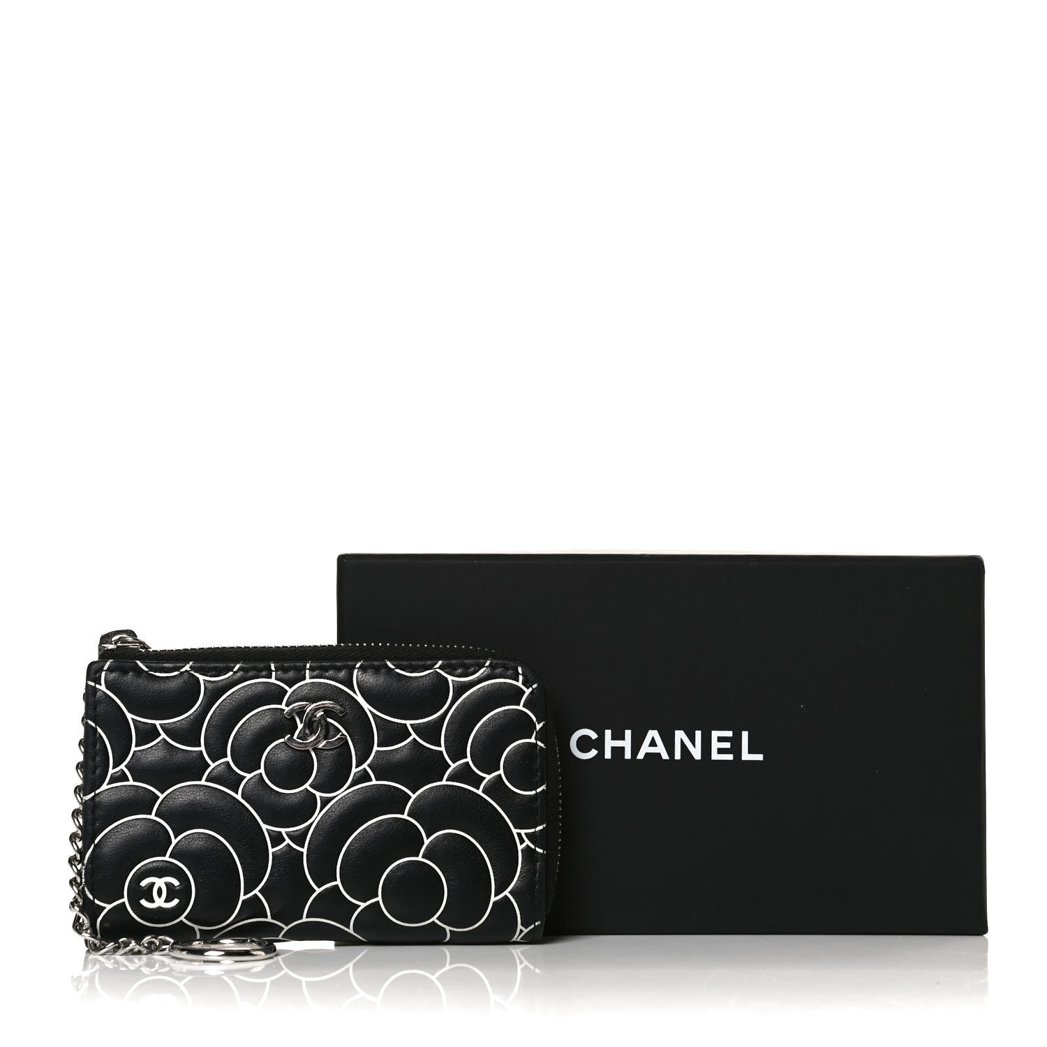 Chanel Lambskin Camellia Embossed Key Holder Case Black White 8 of 8