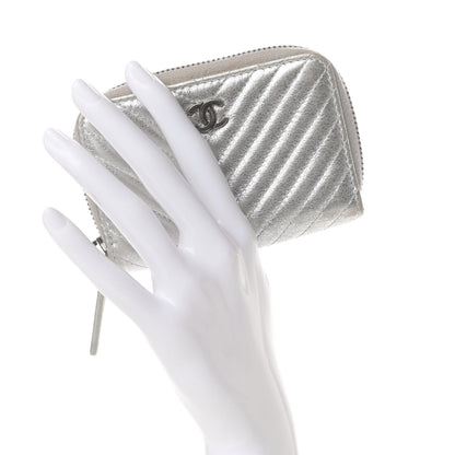 Chanel Metallic Lambskin Chevron Quilted Zip Coin Purse Silver 2 of 8