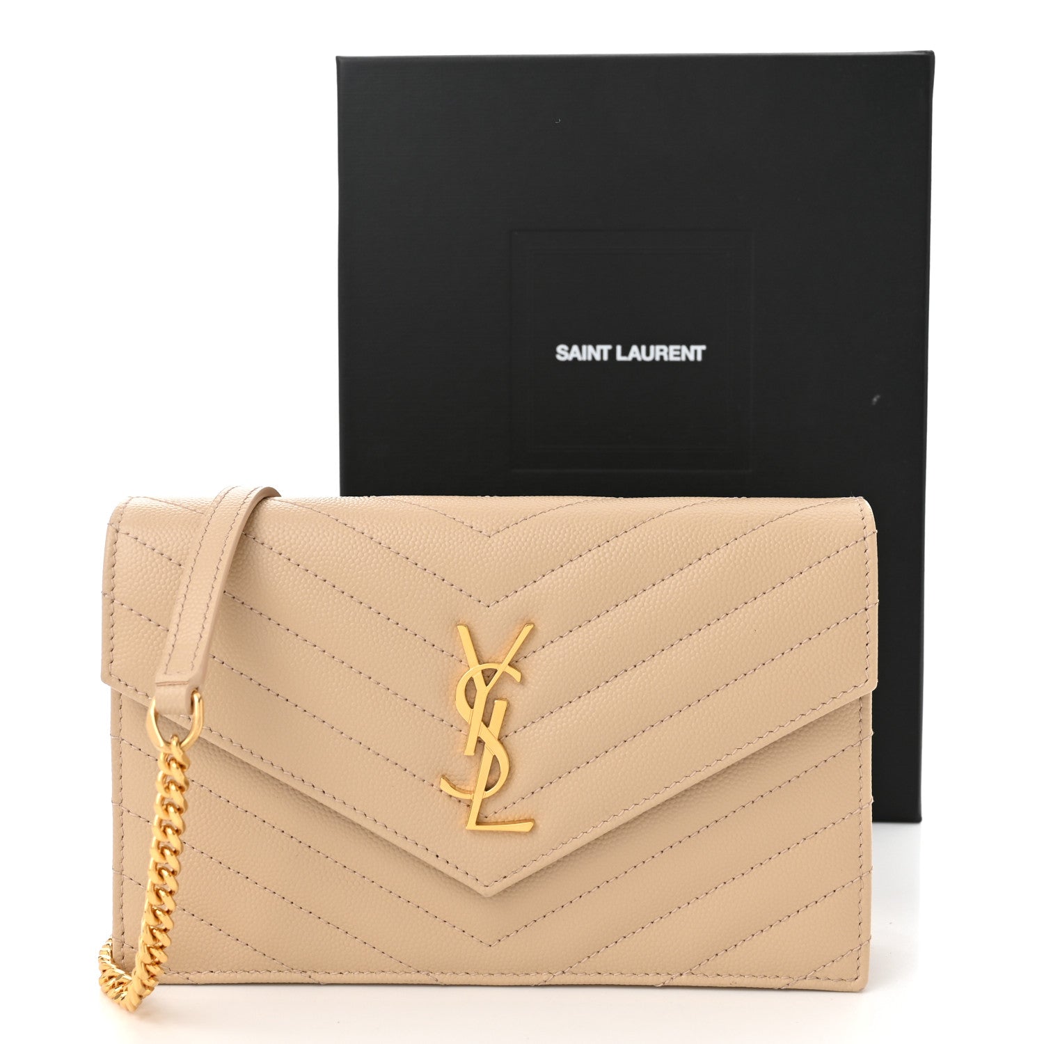 Saint Laurent Grain De Poudre Matelasse Chevron Monogram Envelope Chain Wallet Nude Powder 11 of 11