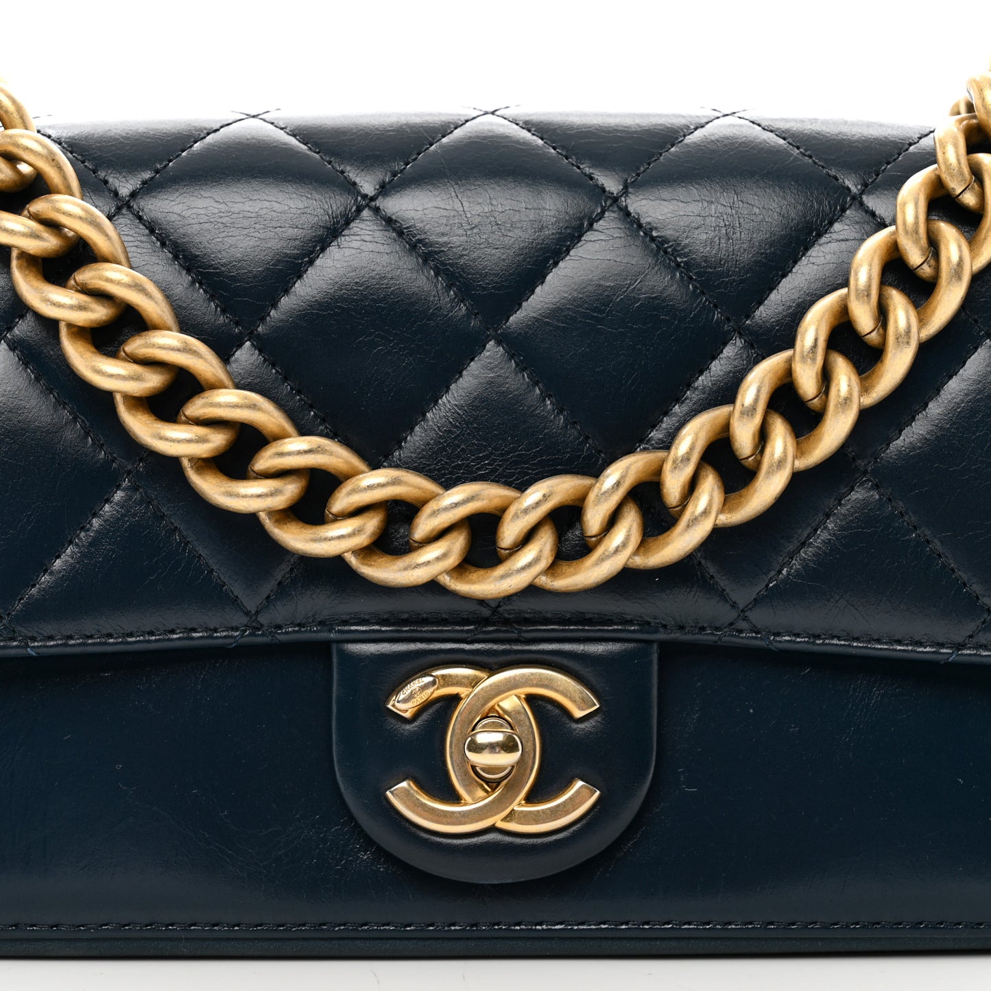 Glazed Calfskin Quilted Small Straight Lined Flap Blue