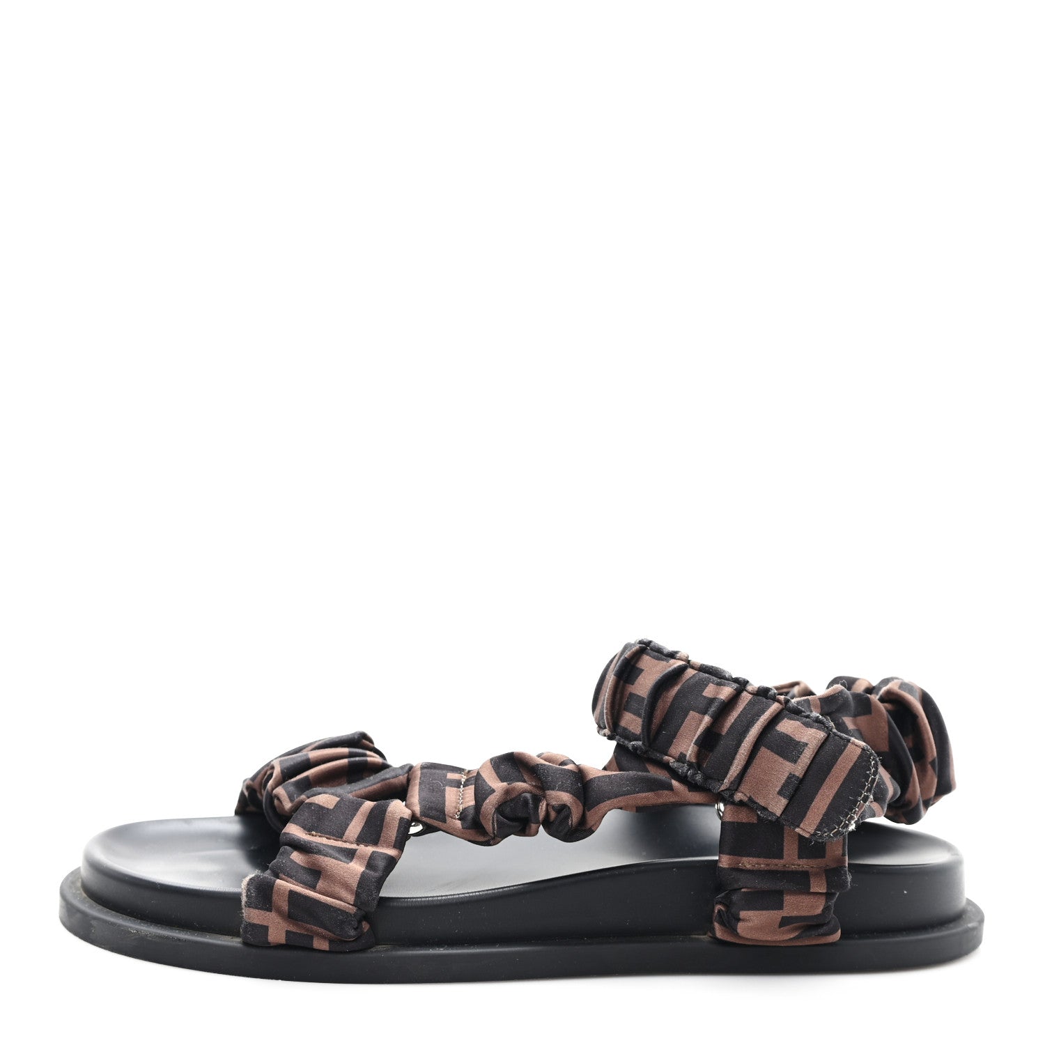 Fendi Satin FF Ruched Sandals 37 Tobacco Black 1 of 8