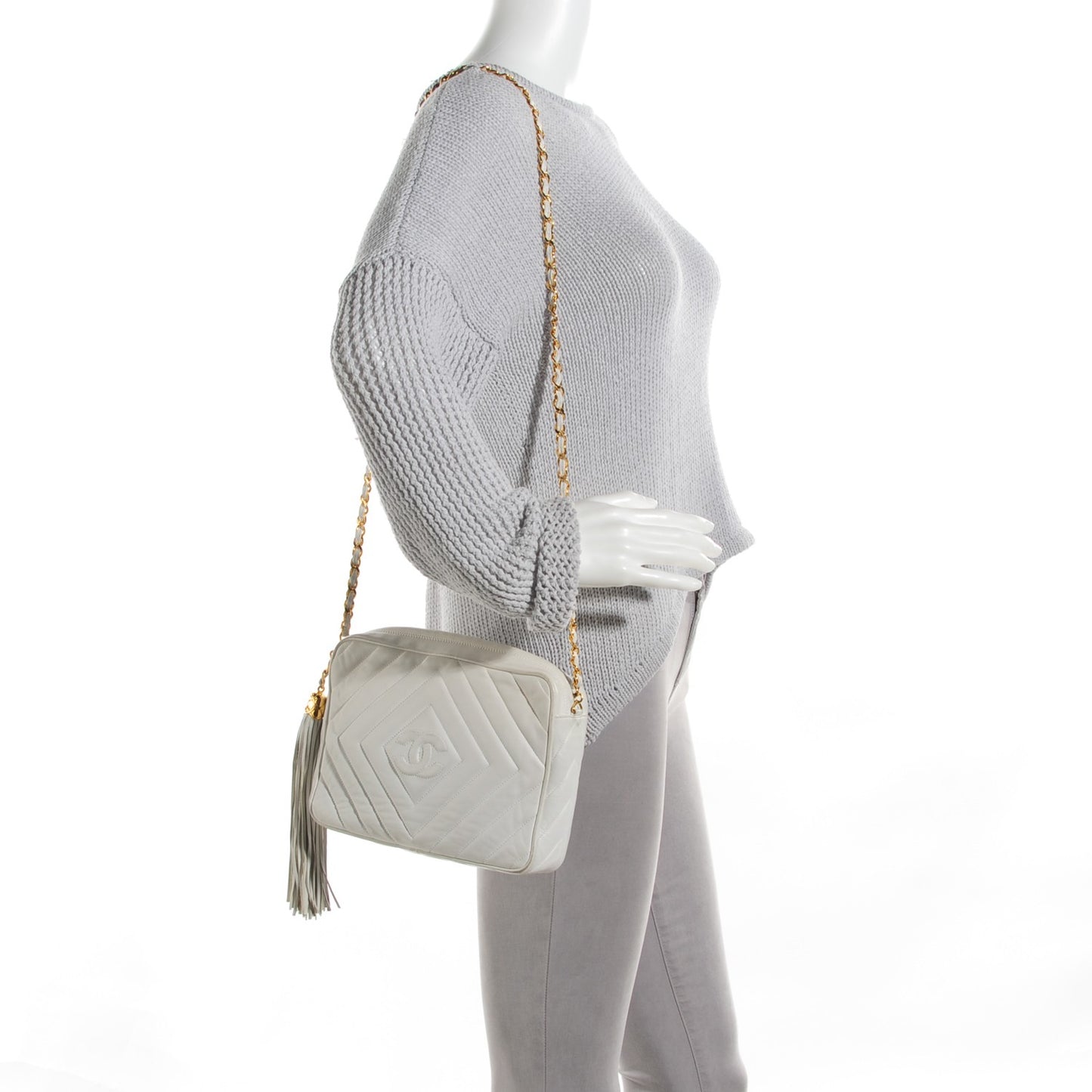 Lambskin Chevron Medium Tassel Camera Case White