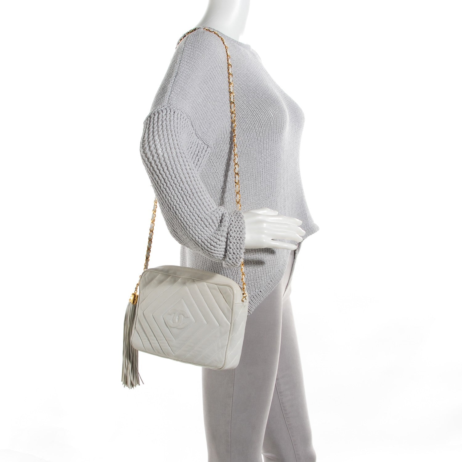 Chanel Lambskin Chevron Medium Tassel Camera Case White 2 of 14