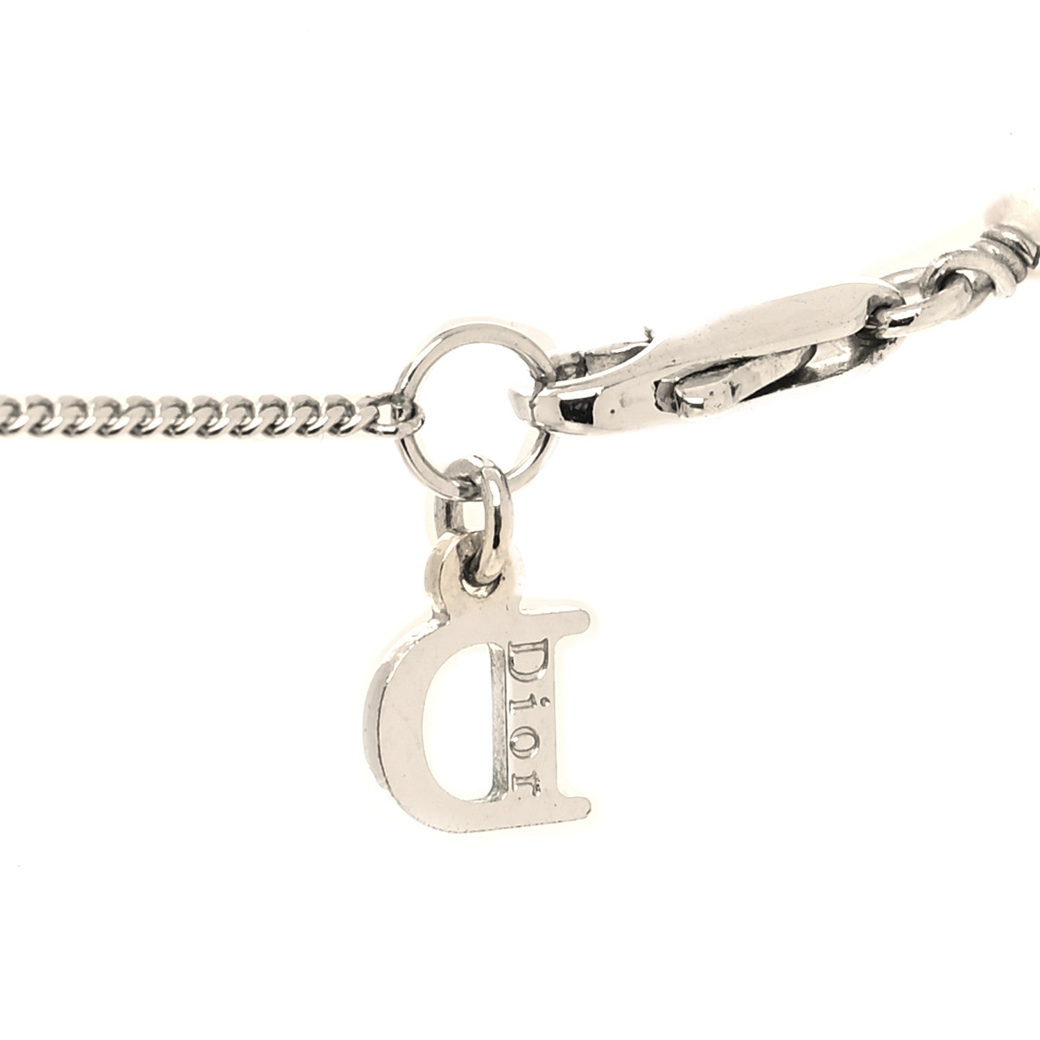 Christian Dior Beaded Logo Charm Necklace Silver Beige 4 of 5