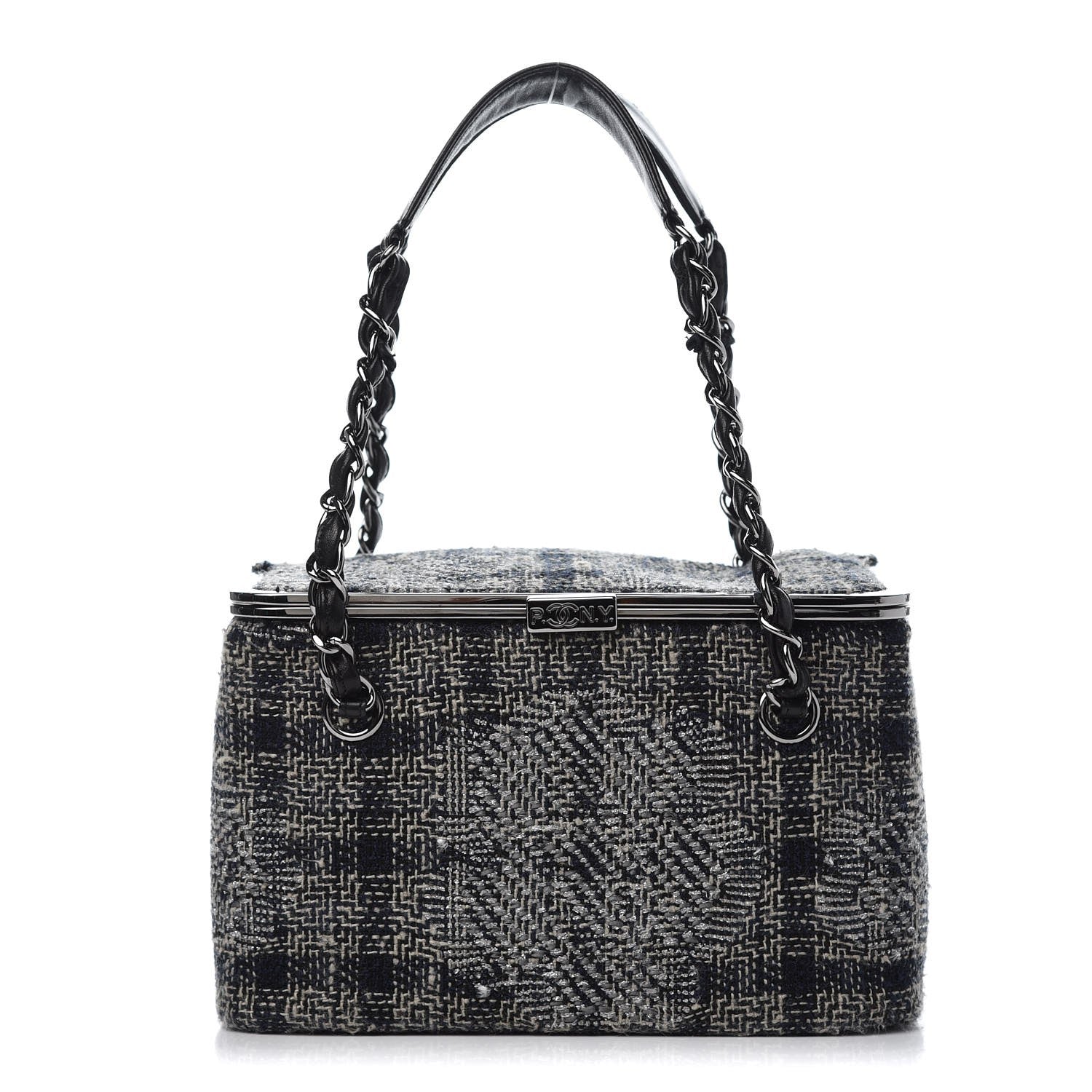 Chanel Tweed Paris NY Framed Box Shoulder Bag Navy Grey Silver 1 of 9