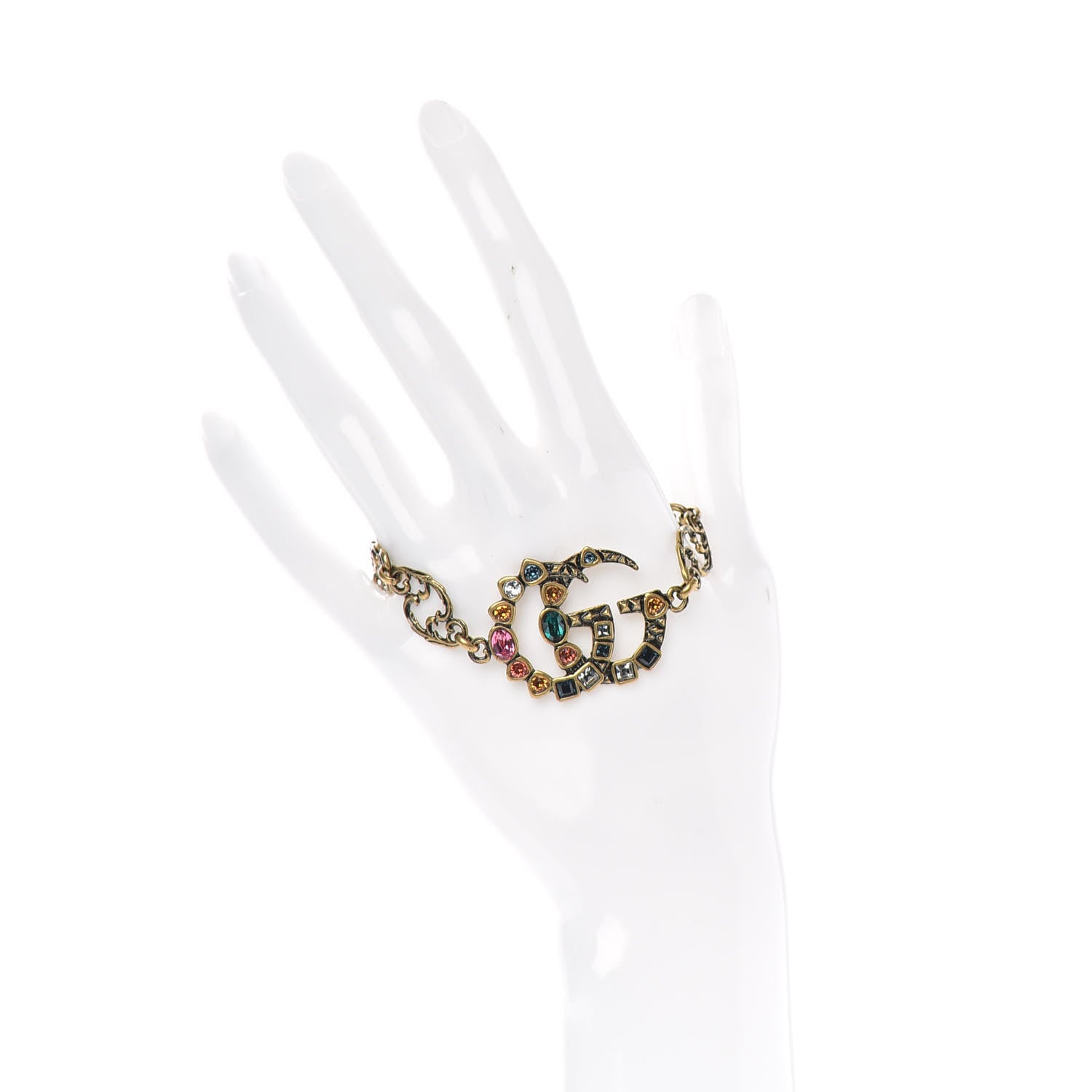 Gucci Oxidized Metal Crystal Double G Bracelet Aged Gold Multicolor 2 of 4