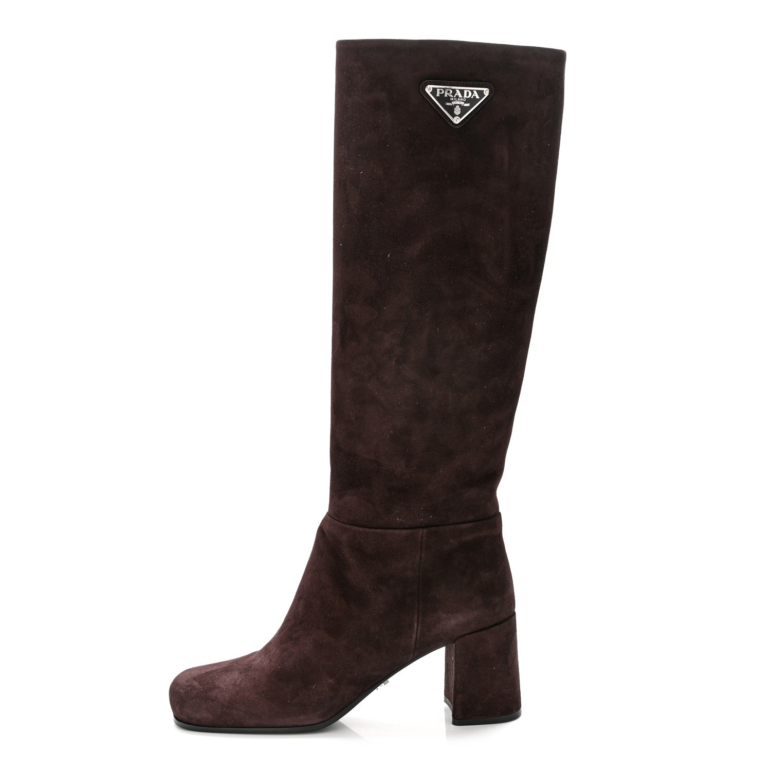 Prada Suede Metal Triangle Logo Block Heel 65mm Knee Boots 37.5 Brown 1 of 8