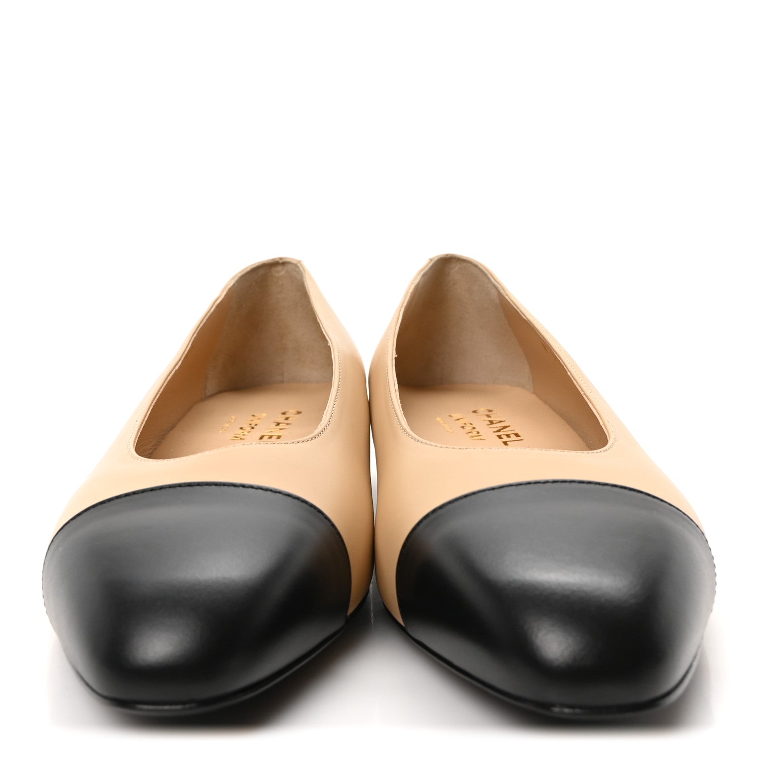 Chanel Lambskin Cap Toe CC Uniform Ballerina Flats 37.5 Beige Black 3 of 8