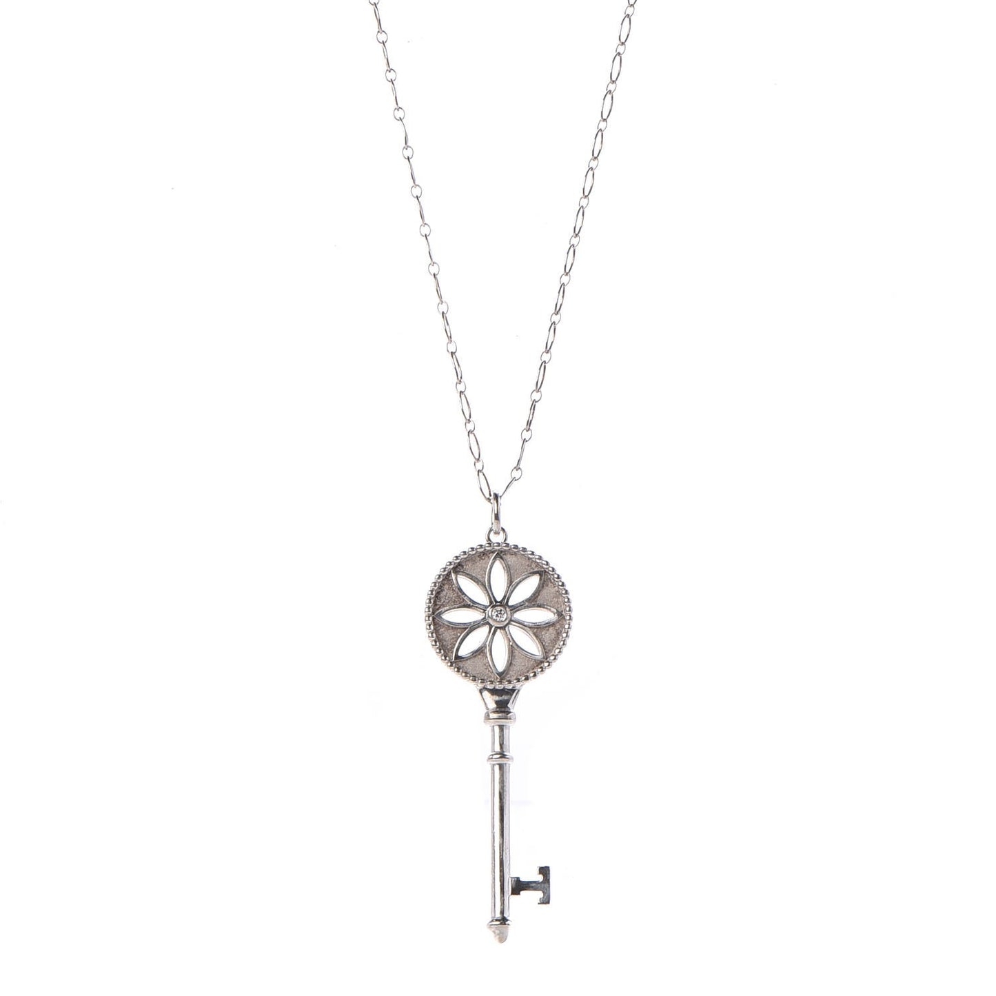Sterling Silver Diamond Large Daisy Key Pendant Link Necklace