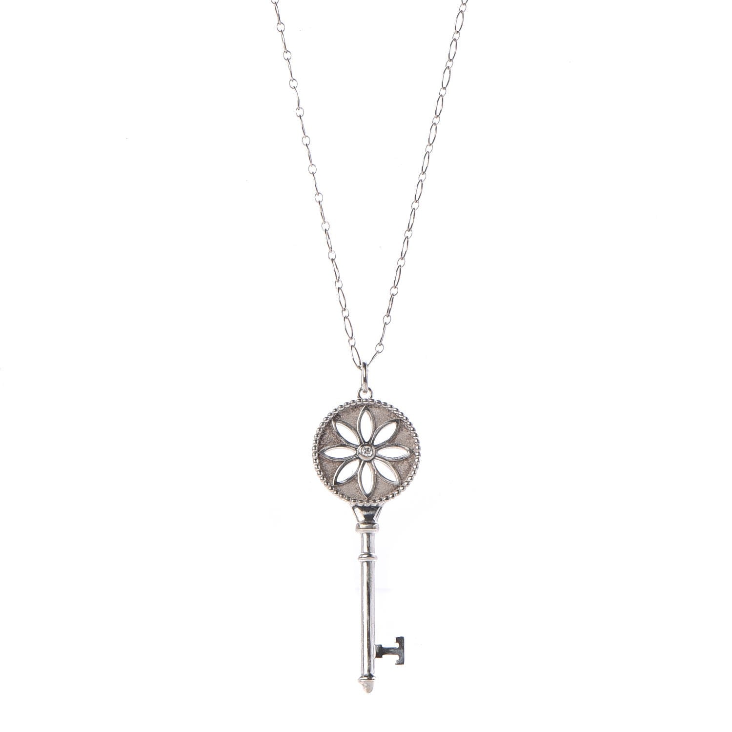 Tiffany Sterling Silver Diamond Large Daisy Key Pendant Link Necklace 1 of 6