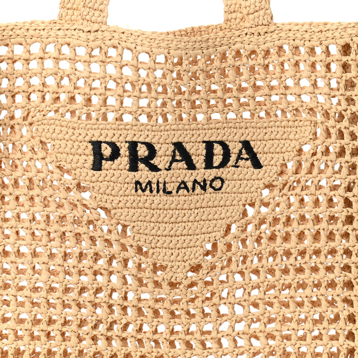 Prada Yarn Raffia Effect Crochet Logo Embroidered Tote Bag Naturale 7 of 10
