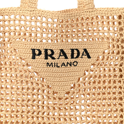 Prada Yarn Raffia Effect Crochet Logo Embroidered Tote Bag Naturale 7 of 10