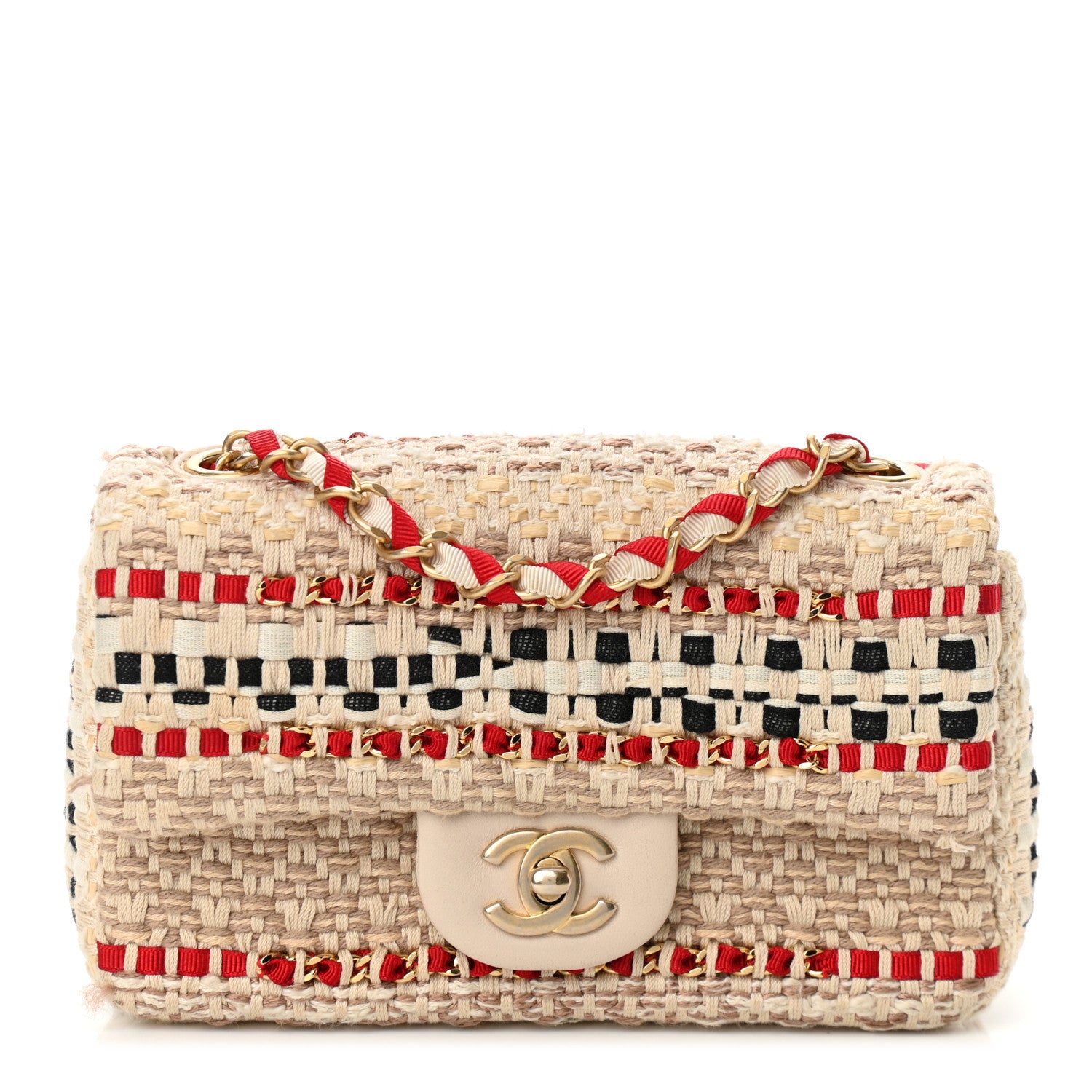 Chanel Tweed Chain Braid Mini Flap Beige White Red 1 of 10