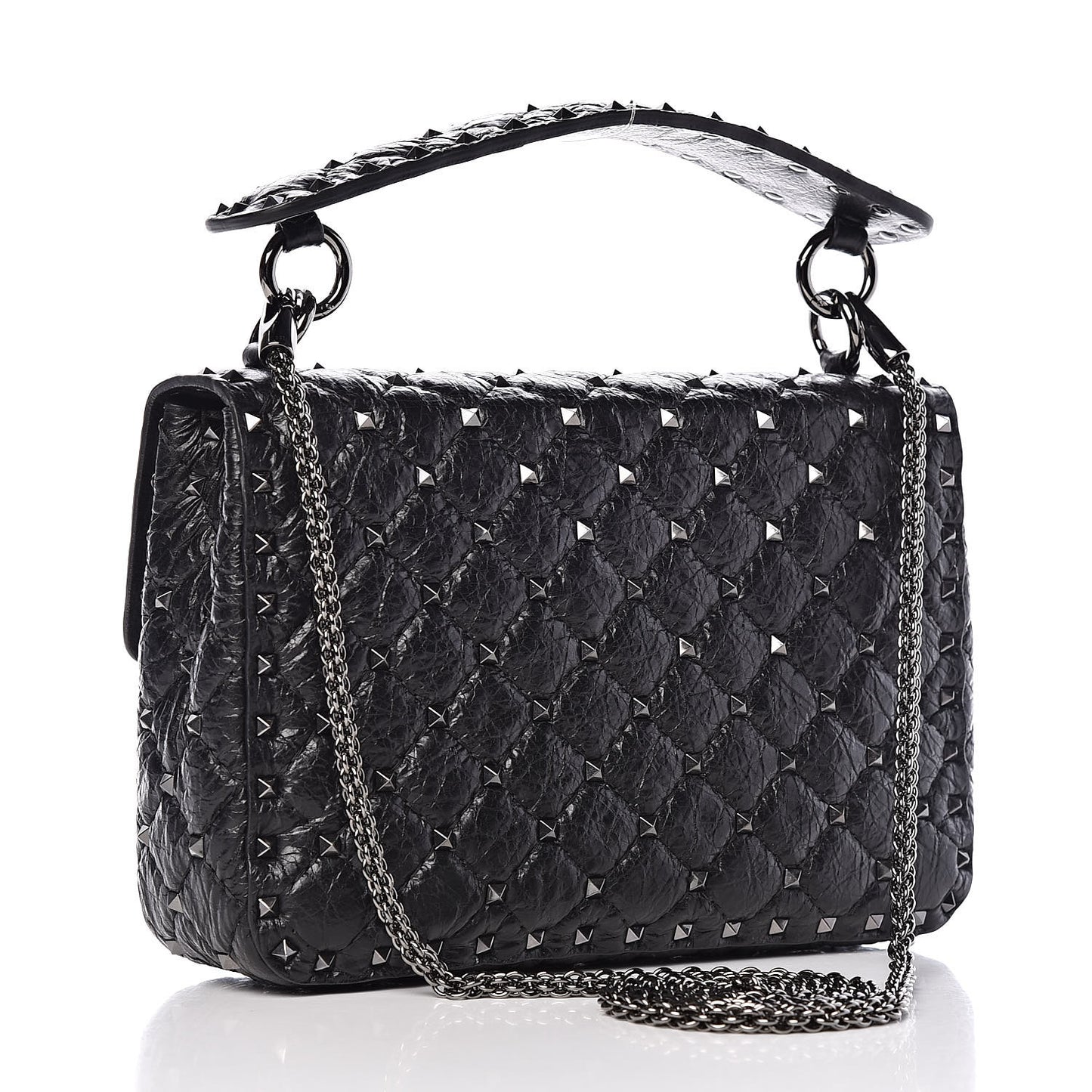 Craquele Nappa Medium Rockstud Spike Shoulder Bag Black