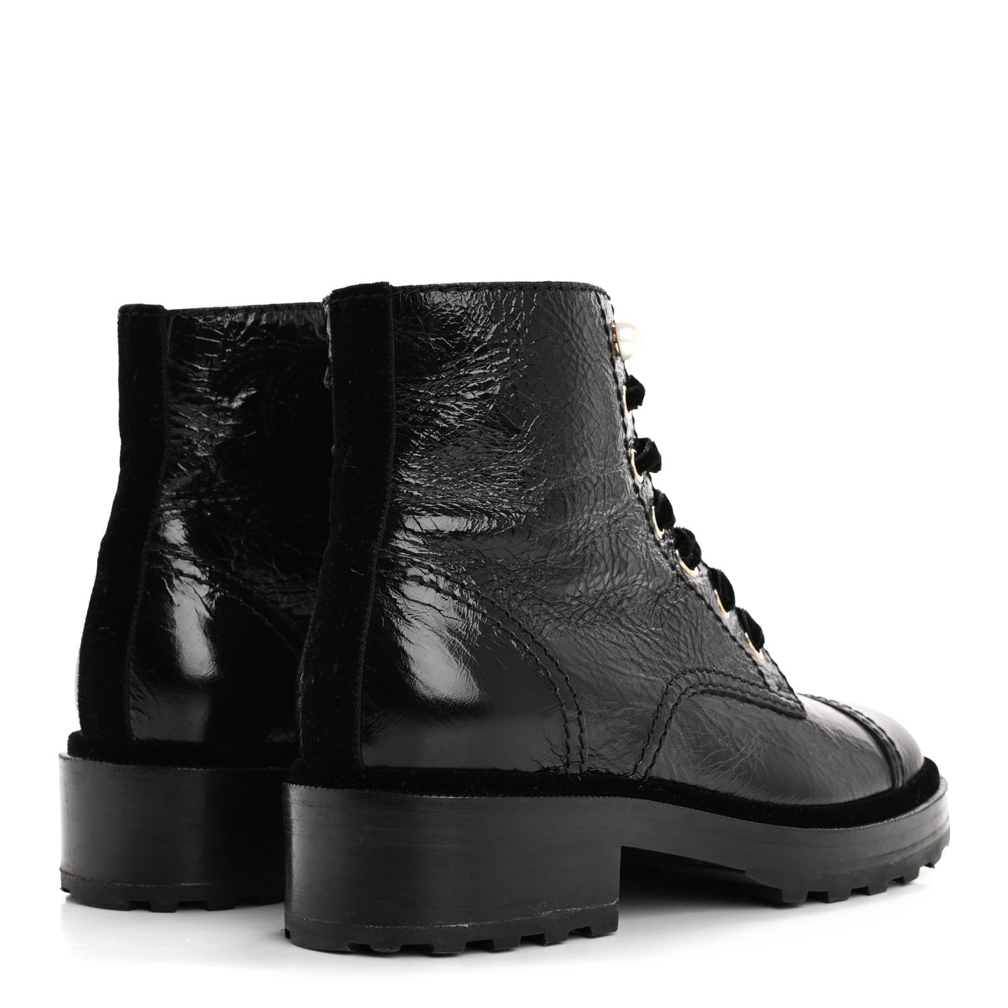 Shiny Calfskin Velvet Pearl Combat Short Boots 37.5 Black