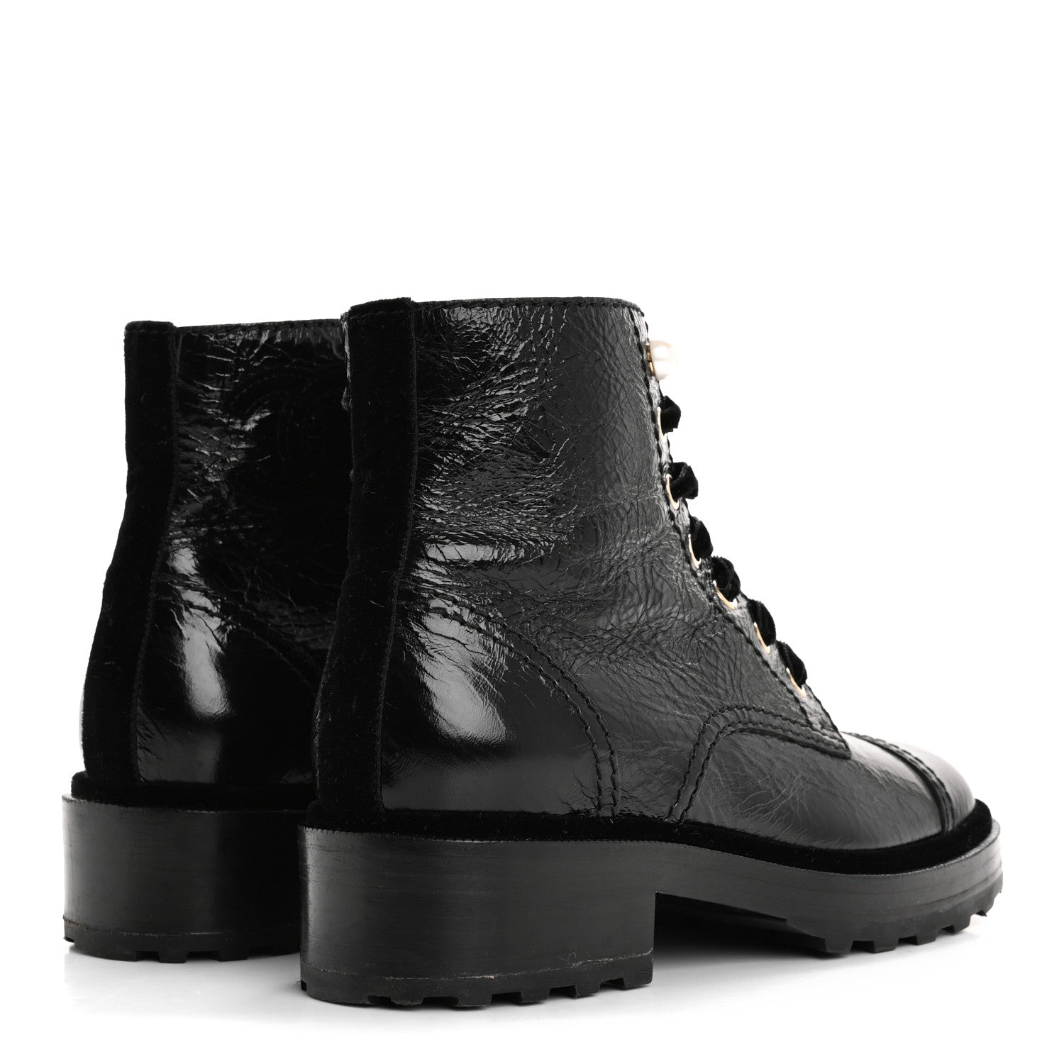 Chanel Shiny Calfskin Velvet Pearl Combat Short Boots 37.5 Black 5 of 13