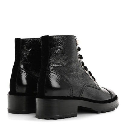 Chanel Shiny Calfskin Velvet Pearl Combat Short Boots 37.5 Black 5 of 13