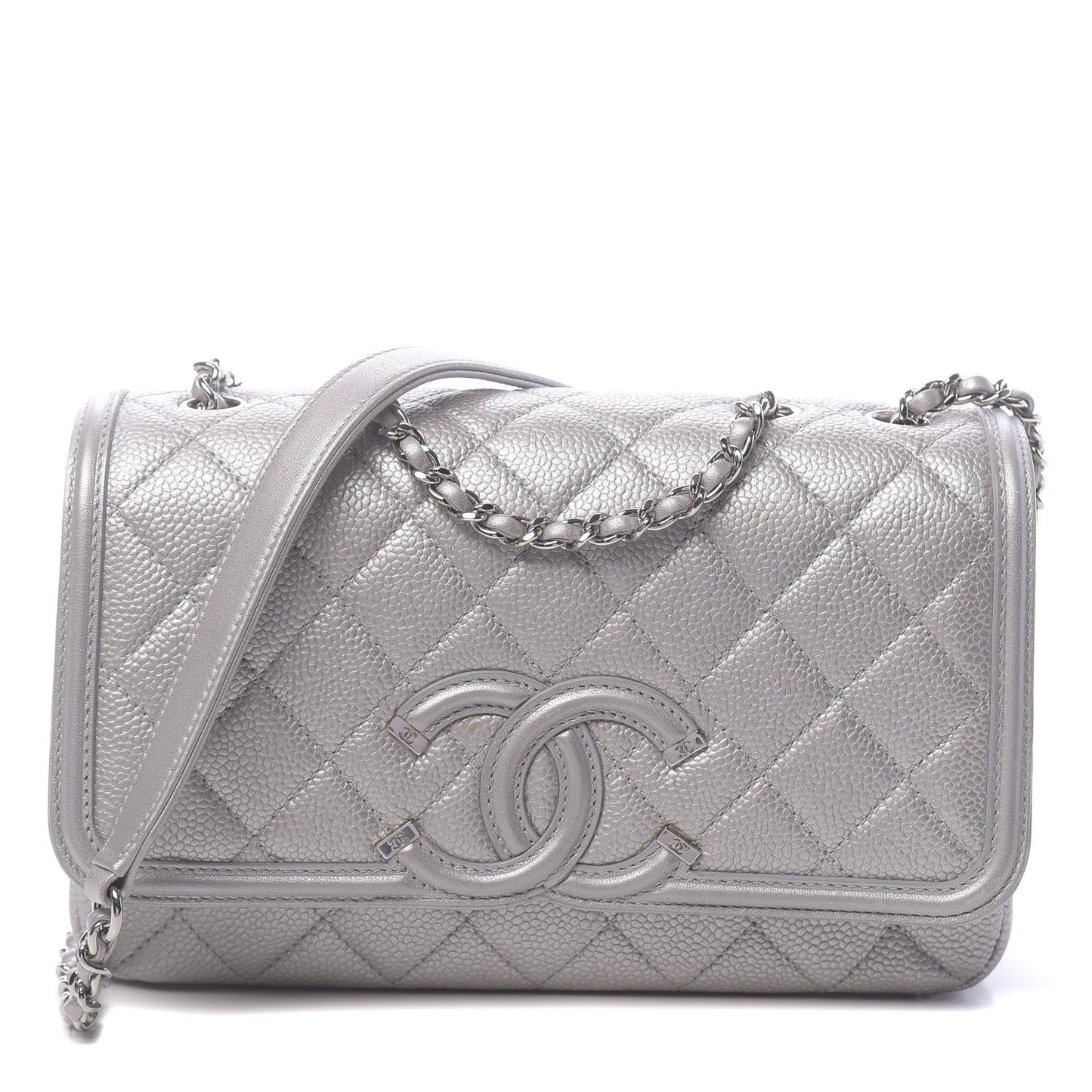 Metallic Caviar Quilted Small CC Filigree Flap Silver