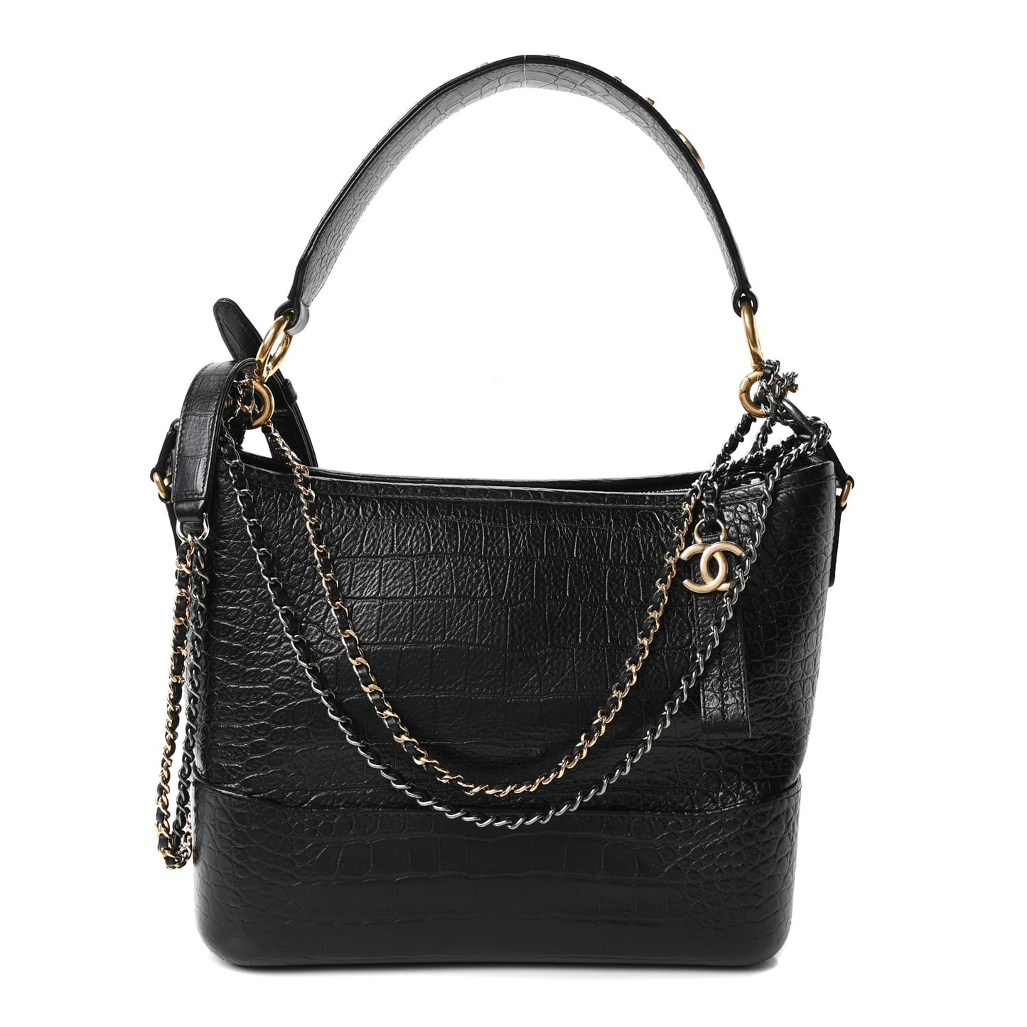 Crocodile Embossed Calfskin Medium Gabrielle Cocodile Hobo Black