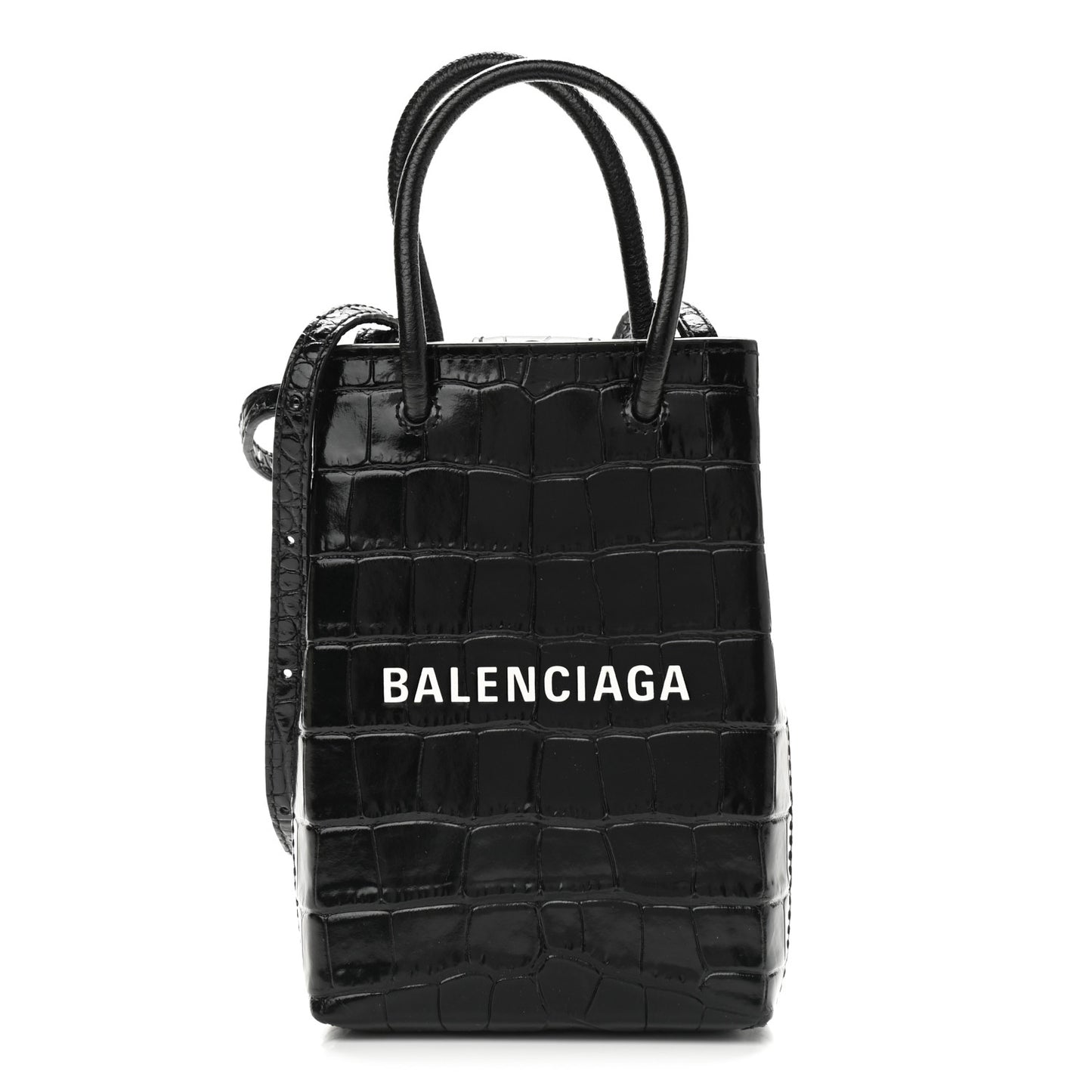Calfskin Crocodile Embossed Logo Shopping Phone Holder Bag Black
