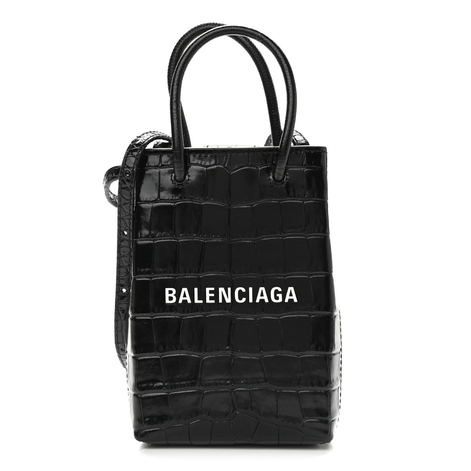 Balenciaga Calfskin Crocodile Embossed Logo Shopping Phone Holder Bag Black 1 of 9
