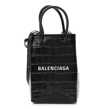 Balenciaga Calfskin Crocodile Embossed Logo Shopping Phone Holder Bag Black 1 of 9