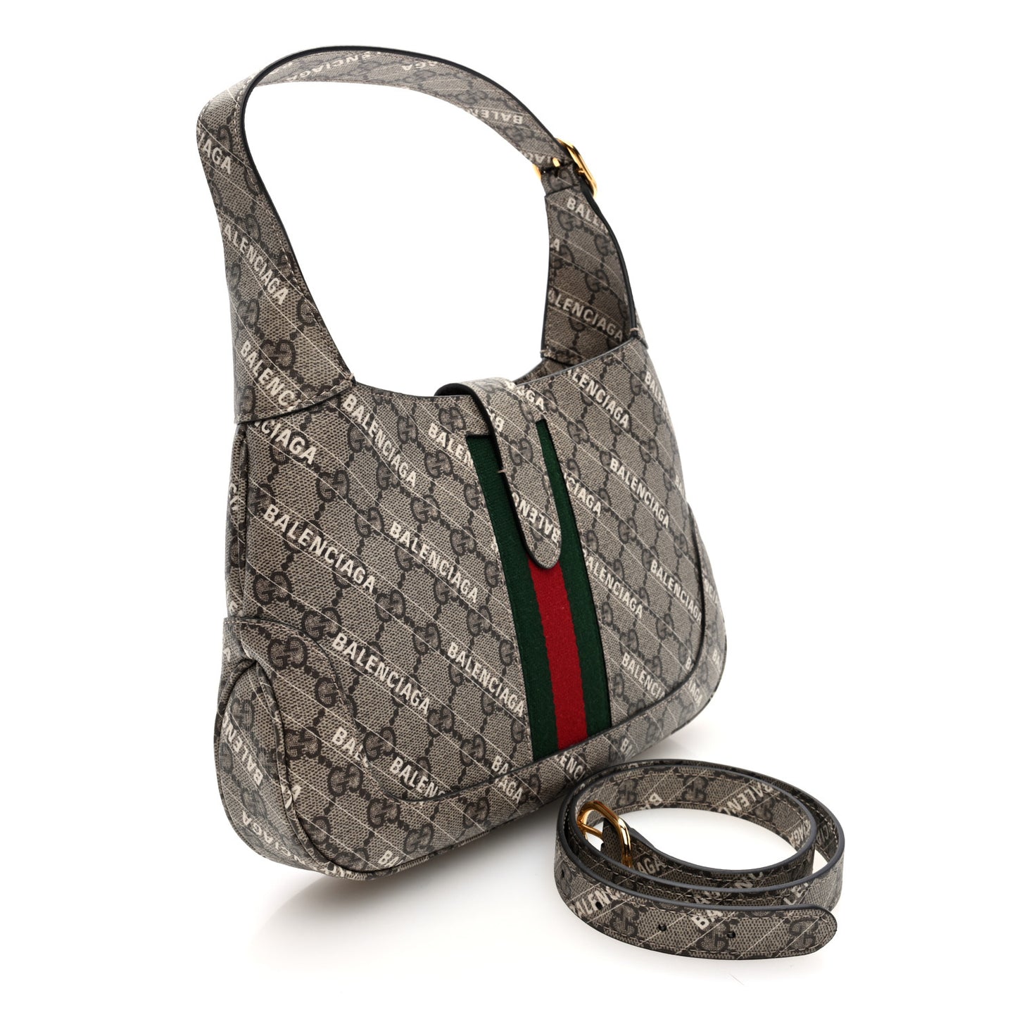 X BALENCIAGA GG Supreme Monogram Striped Logo Print Web Small Jackie 1961 Hobo Beige Ebony Mystic White