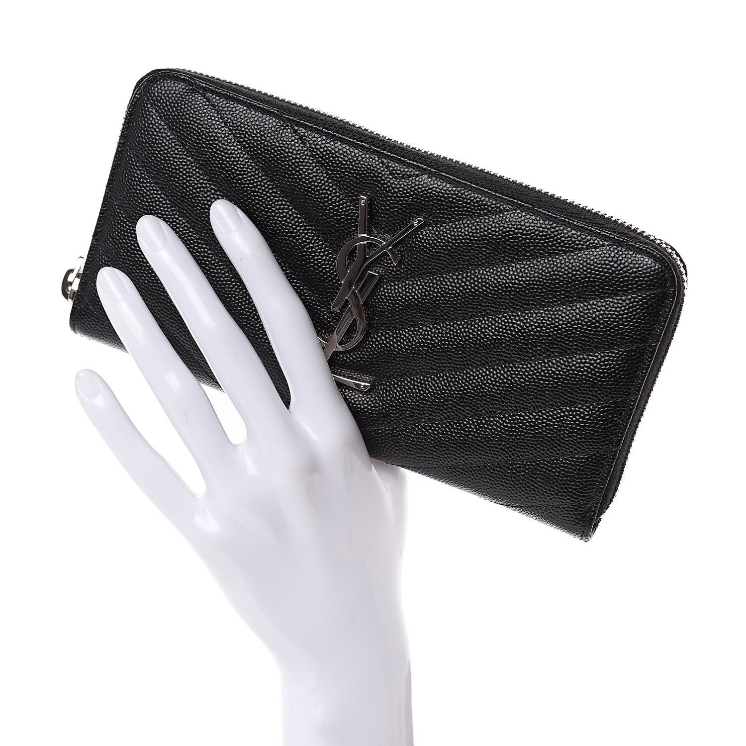 Saint Laurent Grain De Poudre Matelasse Chevron Monogram Zip Around Wallet Black 2 of 8