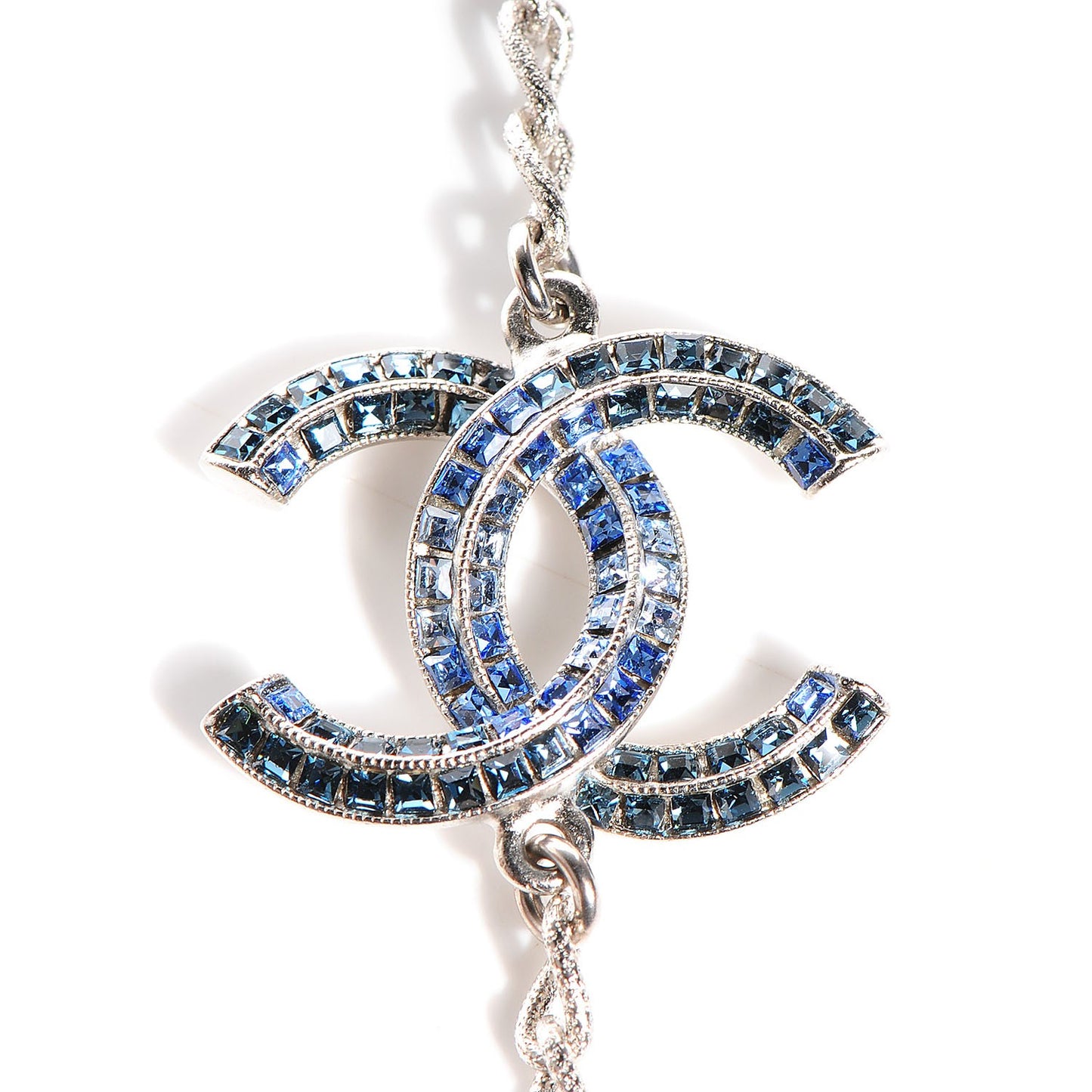 Crystal Baguette CC Double Strand Necklace Silver Blue