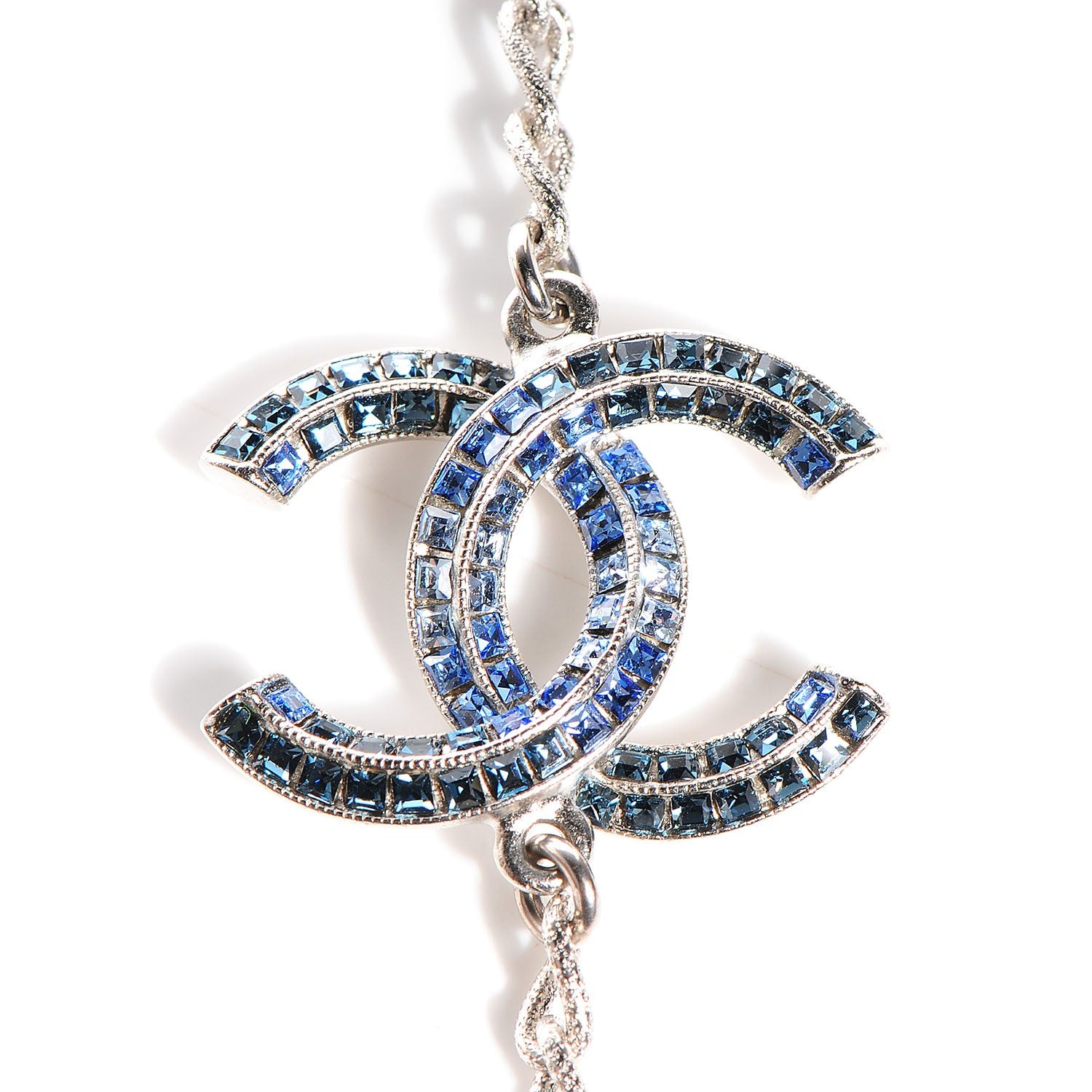 Chanel Crystal Baguette CC Double Strand Necklace Silver Blue 4 of 8