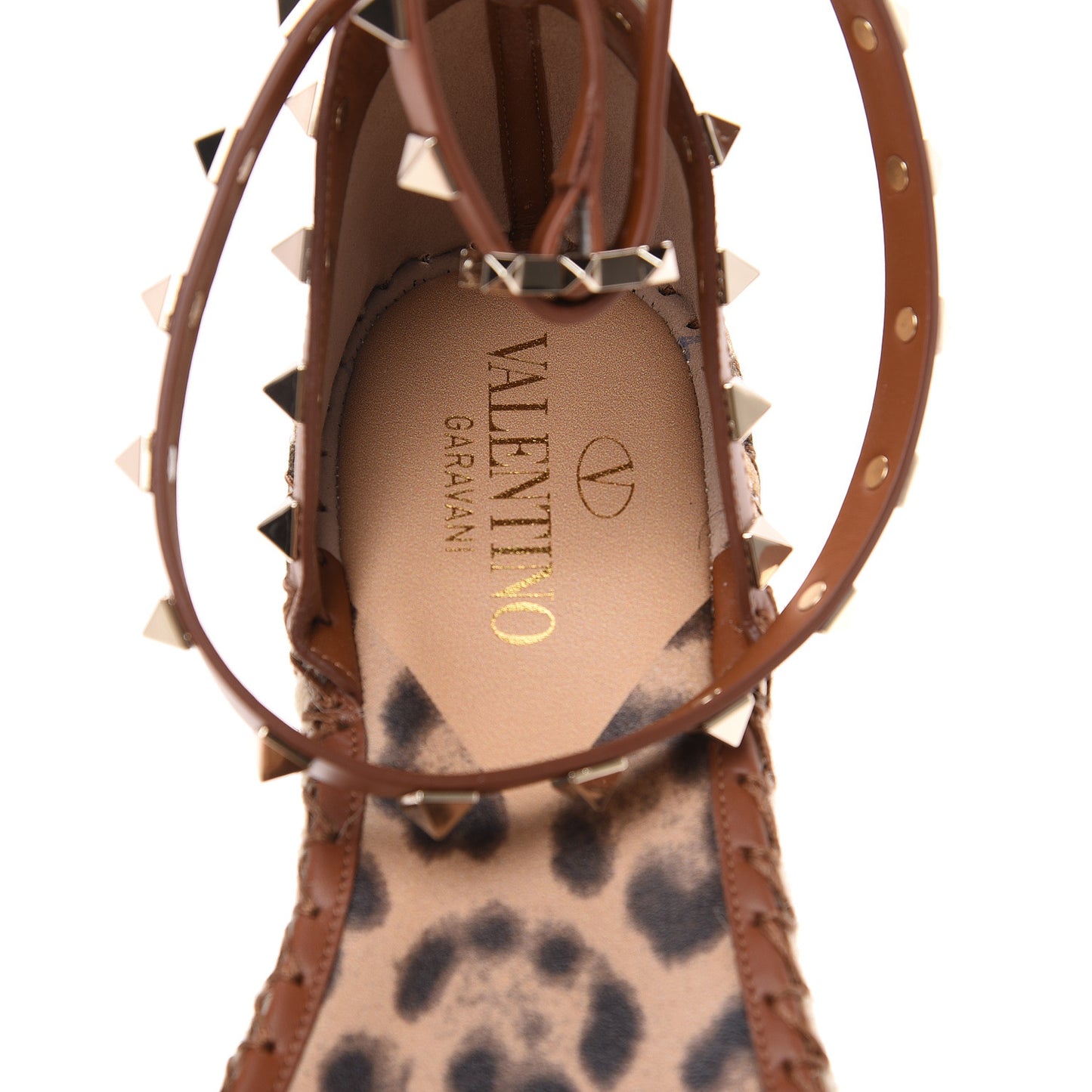 Canvas Leopard Print Rockstud Ankle Wrap Espadrille Flatform Sandals 38 Brown