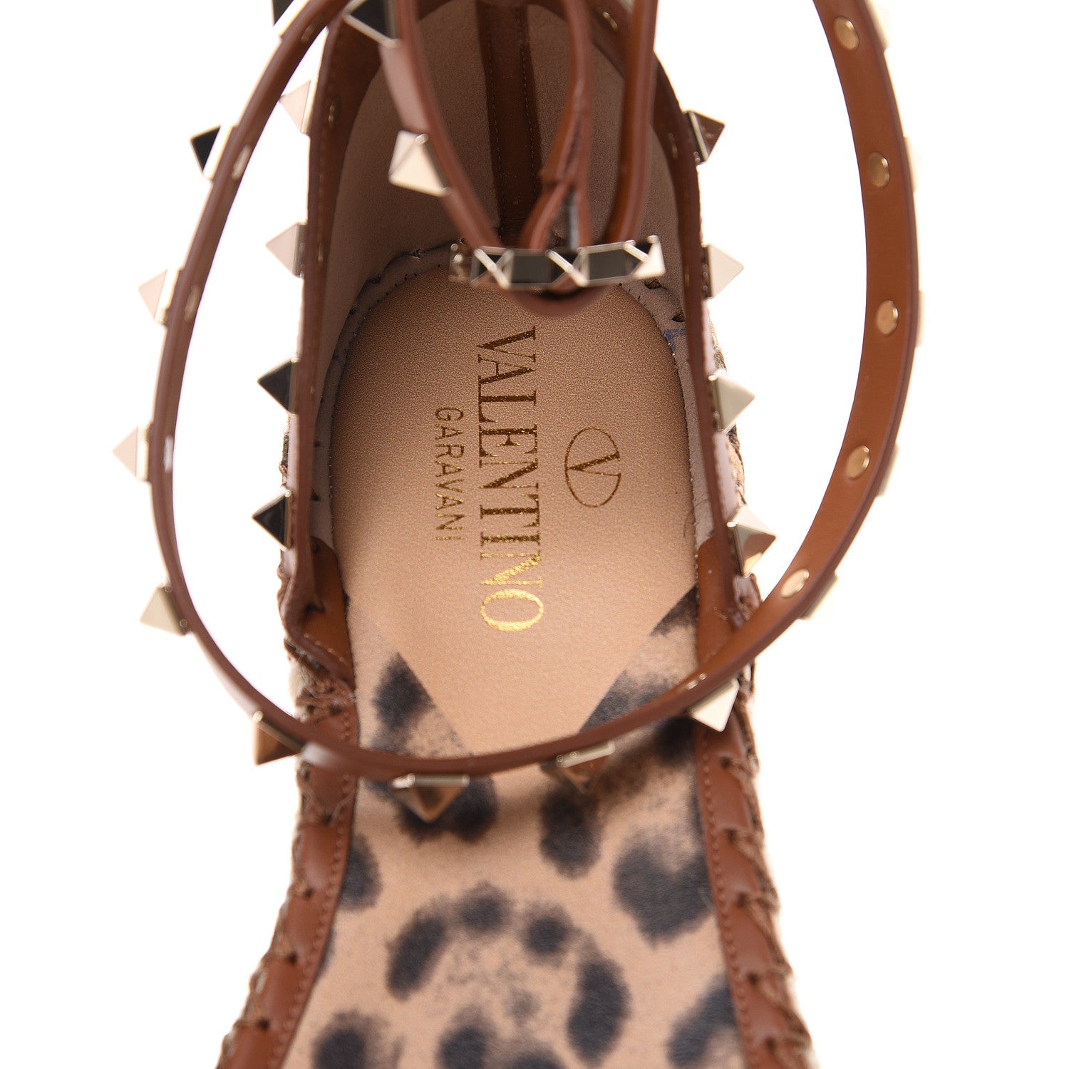 Valentino Garavani Canvas Leopard Print Rockstud Ankle Wrap Espadrille Flatform Sandals 38 Brown 7 of 8