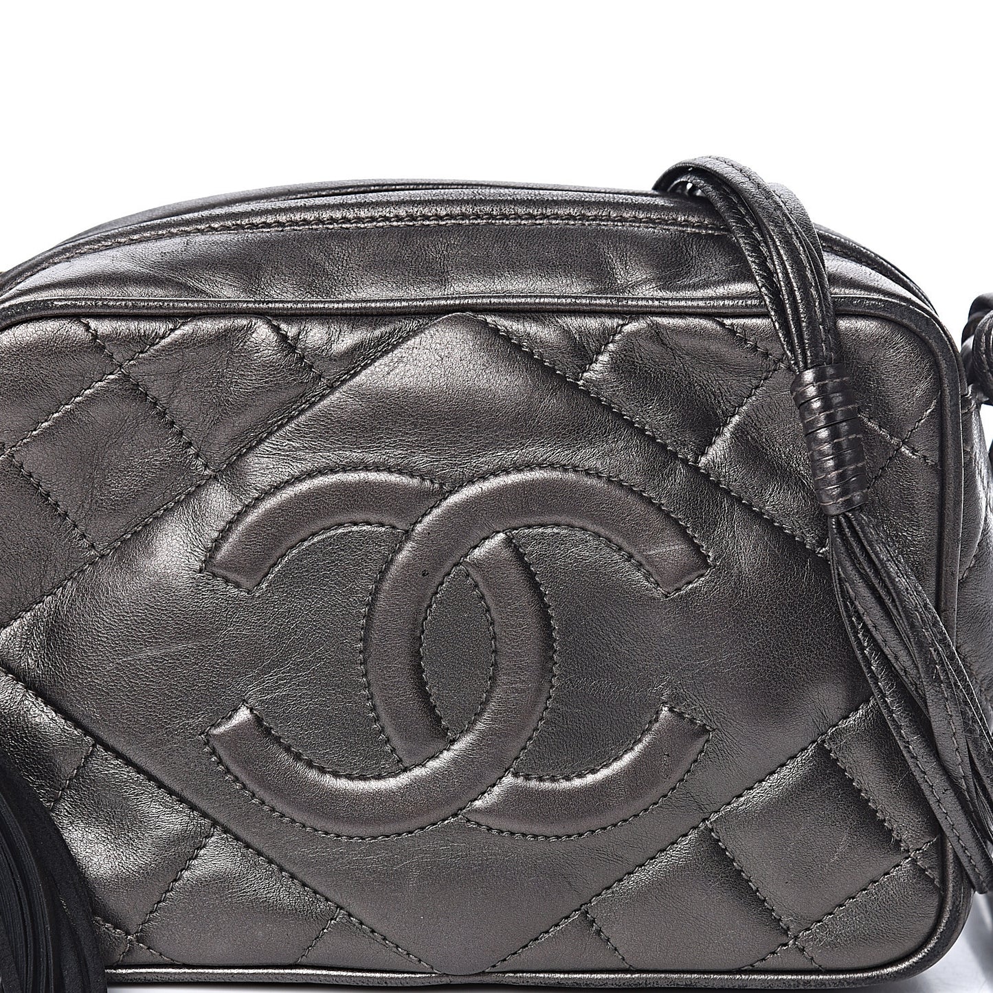 Metallic Lambskin Quilted Tassel Camera Case Dark Silver